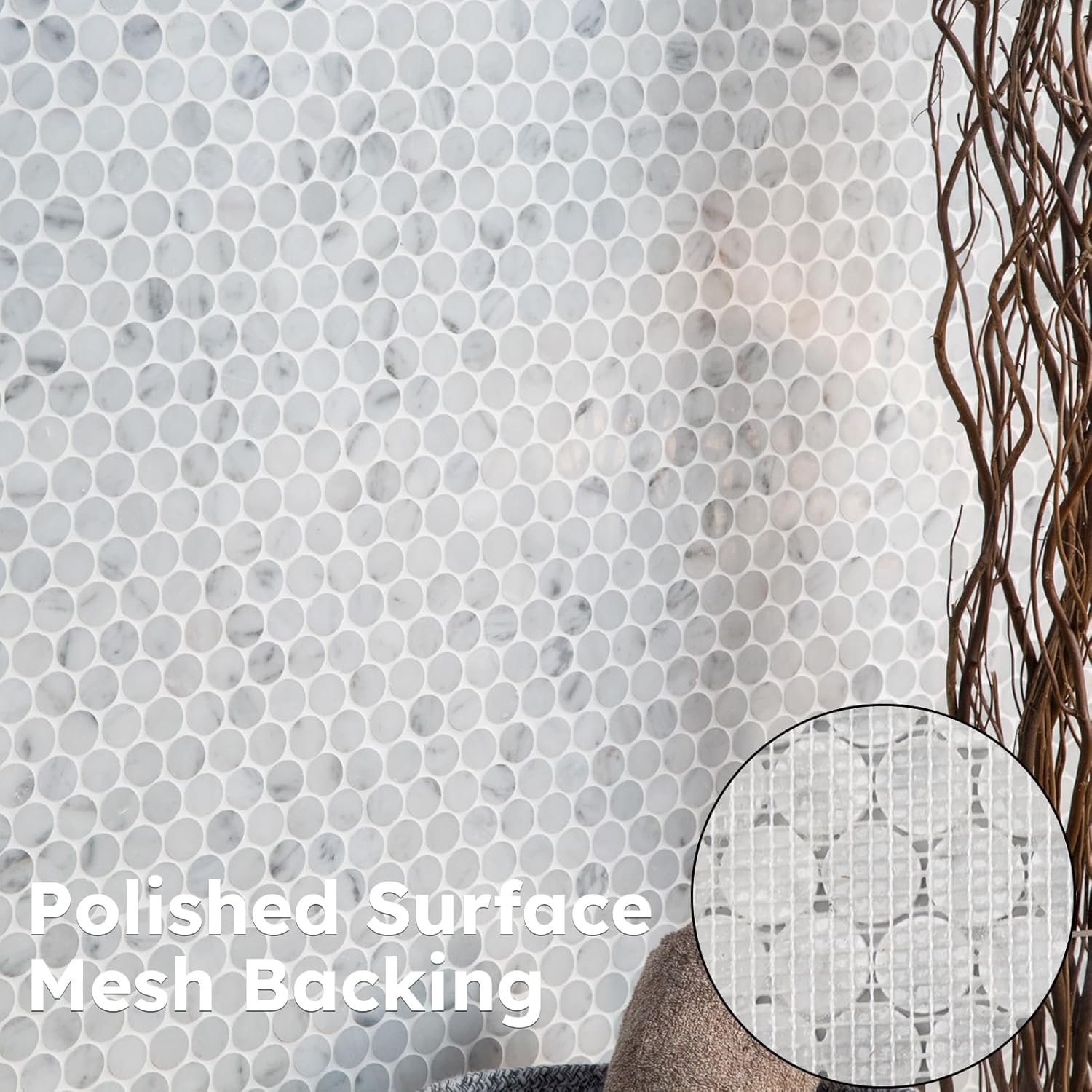 Diflart Carrara White Marble Mosaic Tile, 3/4 Inch Penny Round, Kitchen Bathroom Wall Floor, Pack of 5 Sheets