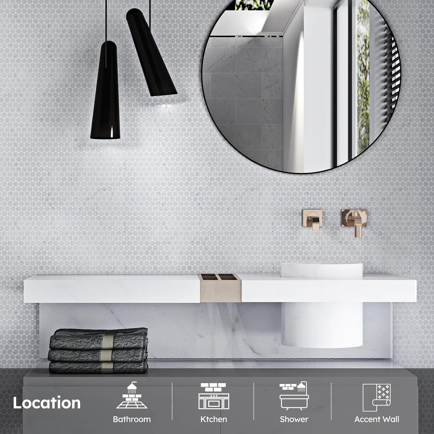 Diflart Carrara White Marble Mosaic Tile, 3/4 Inch Penny Round, Kitchen Bathroom Wall Floor, Pack of 5 Sheets