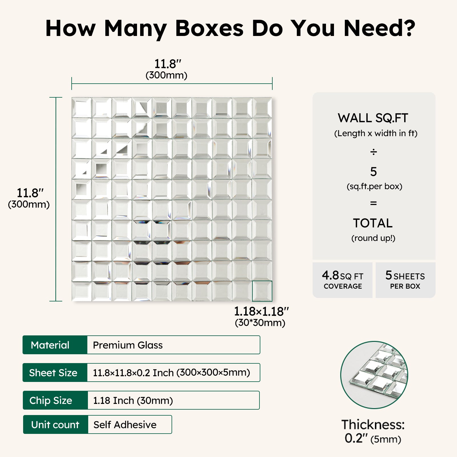 Diflart Peel and Stick Mirror Glass Mosaic Tile, 1-1/5 Inch Silver Square, Crystal Diamond Mirror Tile Backsplash for Kitchen Bathroom Wall, Pack of 5 Sheets