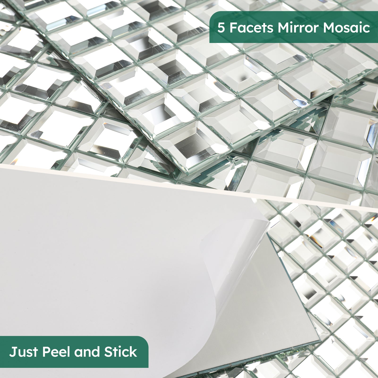 Diflart Peel and Stick Mirror Glass Mosaic Tile, 1-1/5 Inch Silver Square, Crystal Diamond Mirror Tile Backsplash for Kitchen Bathroom Wall, Pack of 5 Sheets