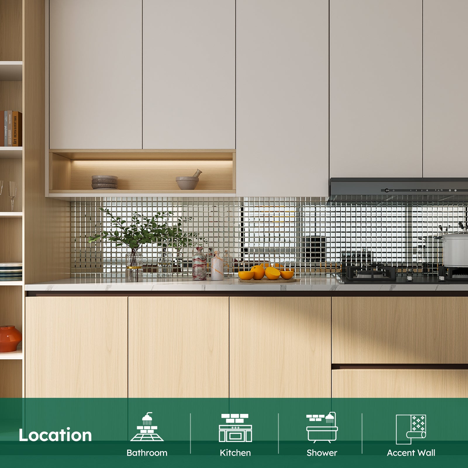 Diflart Peel and Stick Mirror Glass Mosaic Tile, 1-1/5 Inch Silver Square, Crystal Diamond Mirror Tile Backsplash for Kitchen Bathroom Wall, Pack of 5 Sheets