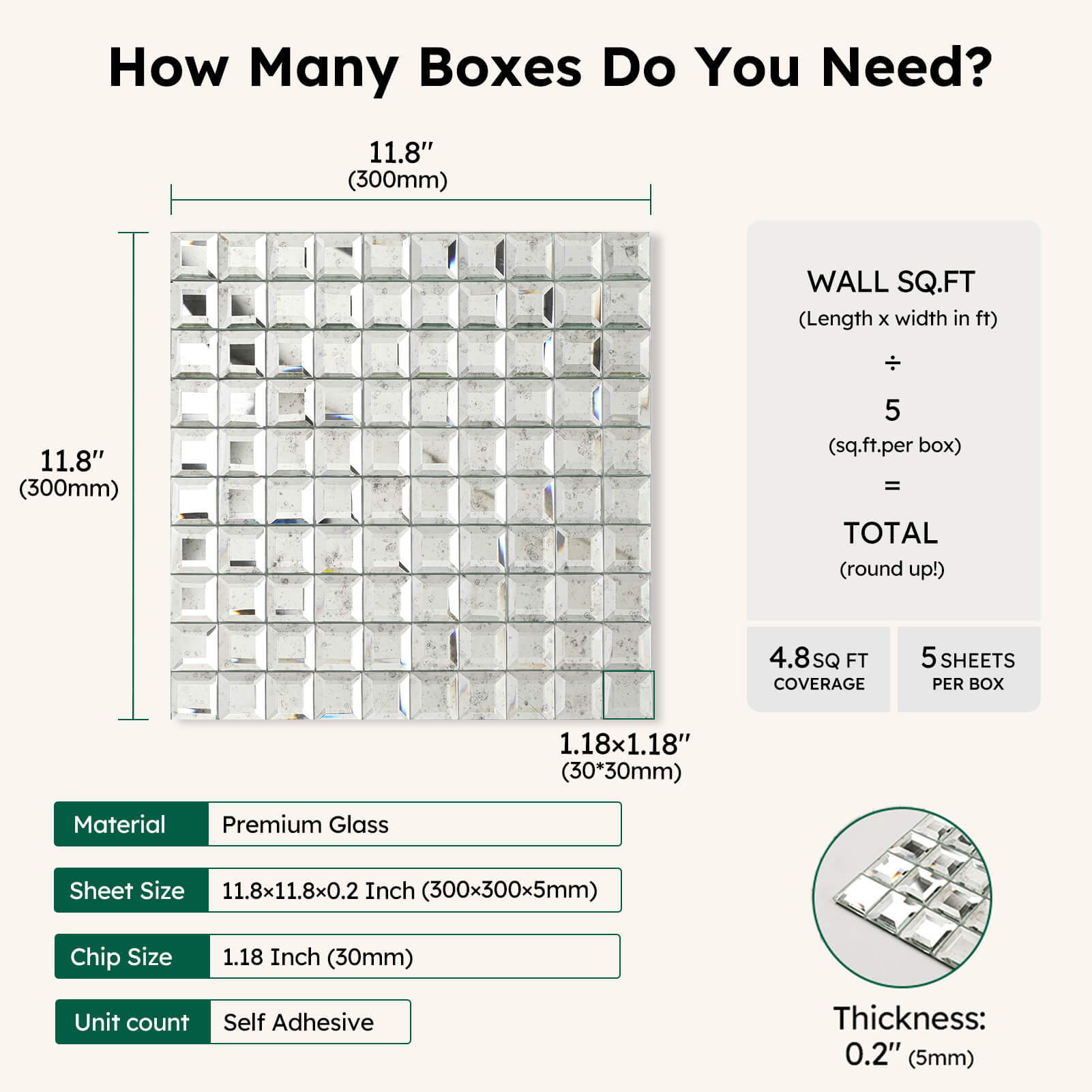 Diflart Peel and Stick Mirror Glass Mosaic Tile, 1-1/5 Inch Light Antique Square, Crystal Diamond Mirror Tile Backsplash for Kitchen Bathroom Wall, Pack of 5 Sheets