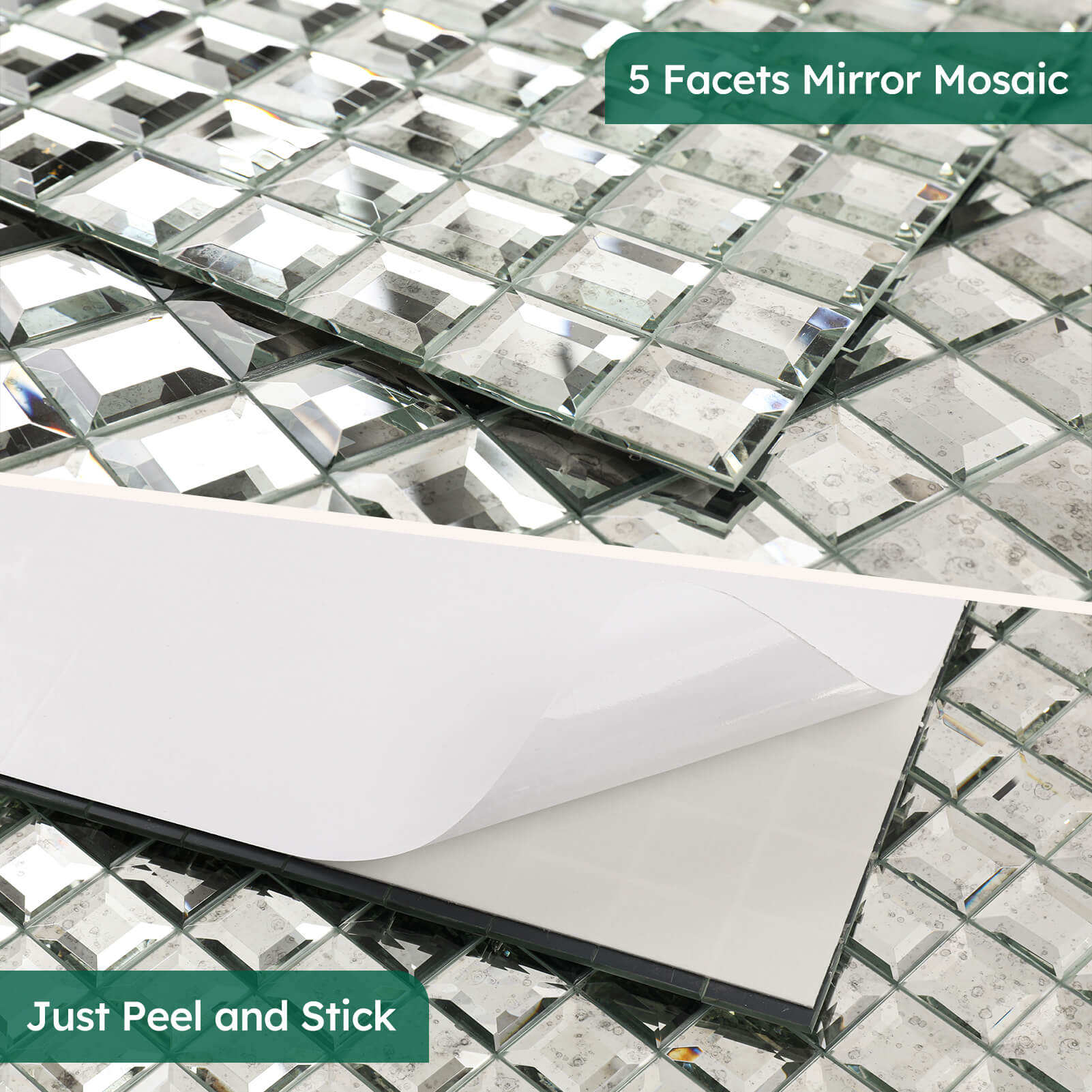 Diflart Peel and Stick Mirror Glass Mosaic Tile, 1-1/5 Inch Light Antique Square, Crystal Diamond Mirror Tile Backsplash for Kitchen Bathroom Wall, Pack of 5 Sheets