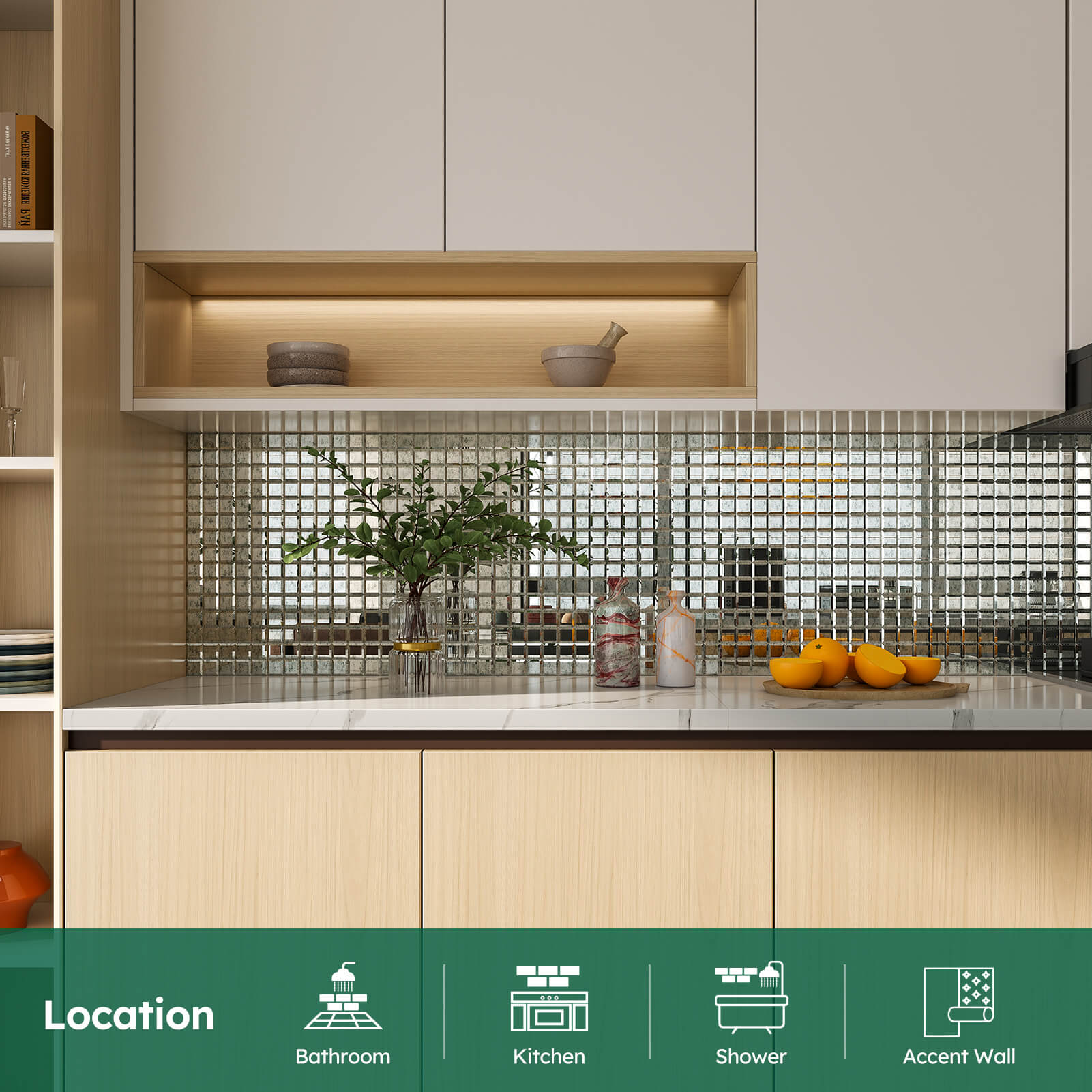 Diflart Peel and Stick Mirror Glass Mosaic Tile, 1-1/5 Inch Light Antique Square, Crystal Diamond Mirror Tile Backsplash for Kitchen Bathroom Wall, Pack of 5 Sheets