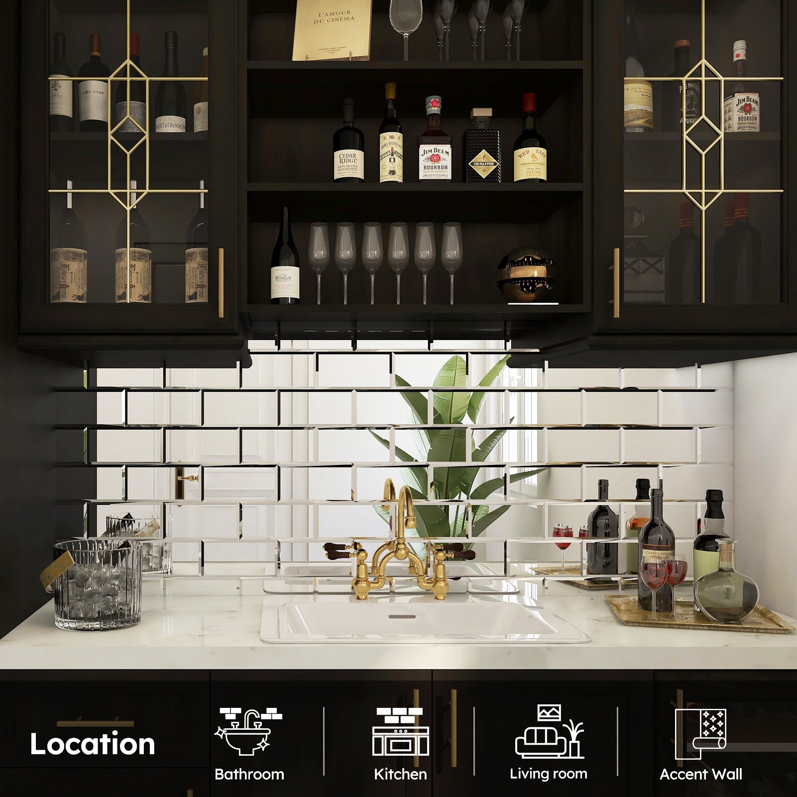 Diflart Peel and Stick Mirror Backsplash Tiles, Silver, 3x6 Inch,Beveled Mirror Subway Tiles for Kitchen Backsplash Bathroom Wall, Pack of 40 Pcs