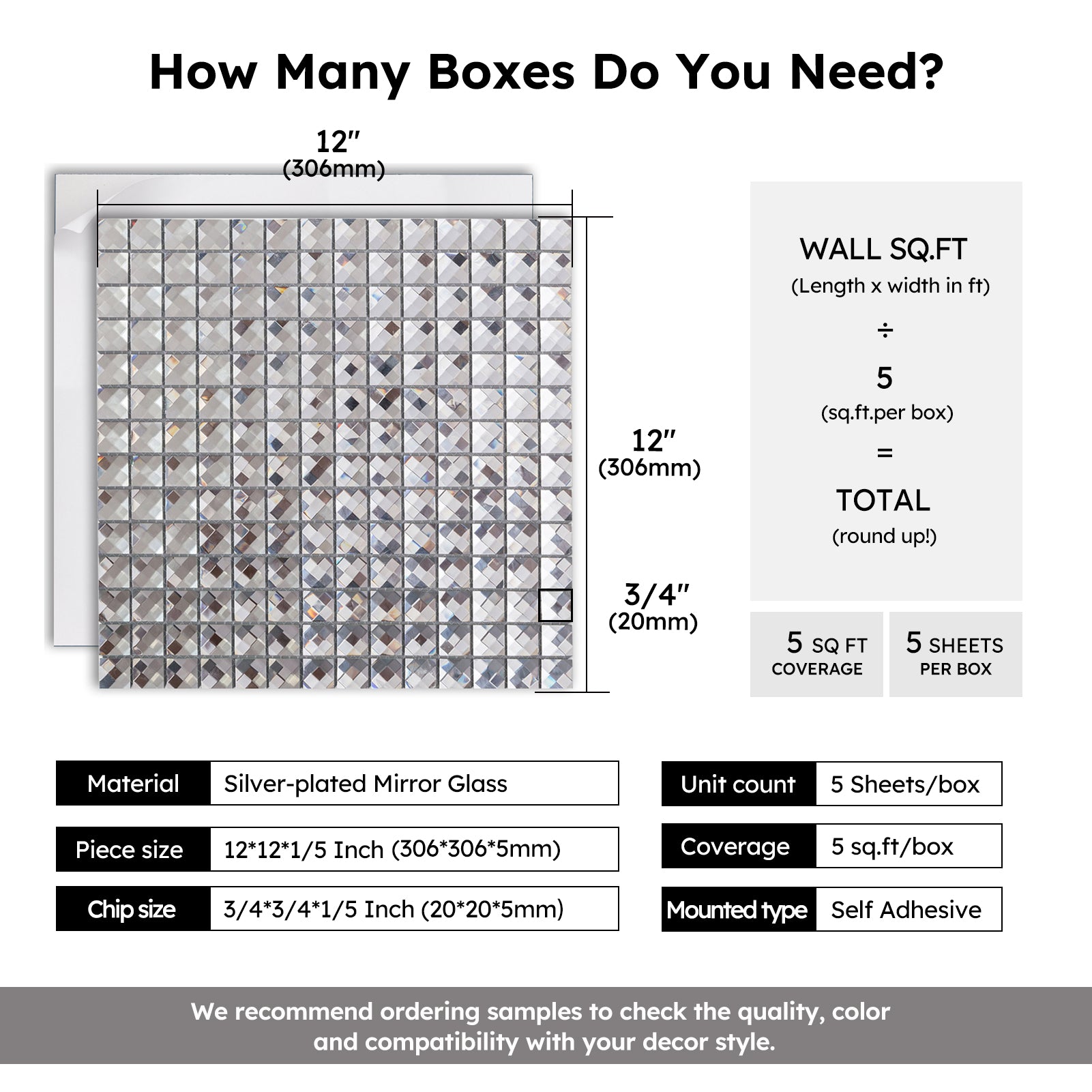 Diflart Peel and Stick Silver Mirror Glass Mosaic Tile Crystal Diamond Chip Self Adhensive 3D Wall Tiles