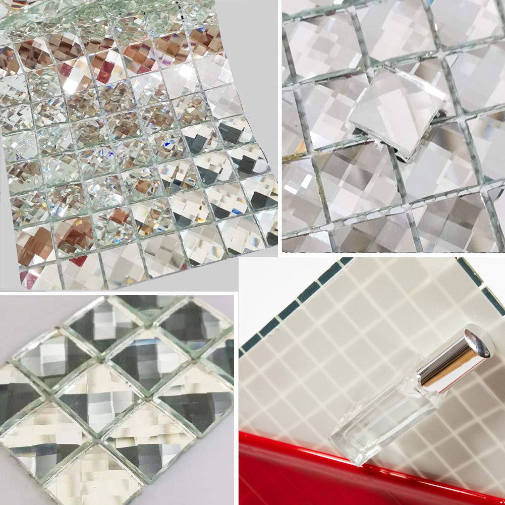 Diflart Peel and Stick Silver Mirror Glass Mosaic Tile Crystal Diamond Chip Self Adhensive 3D Wall Tiles