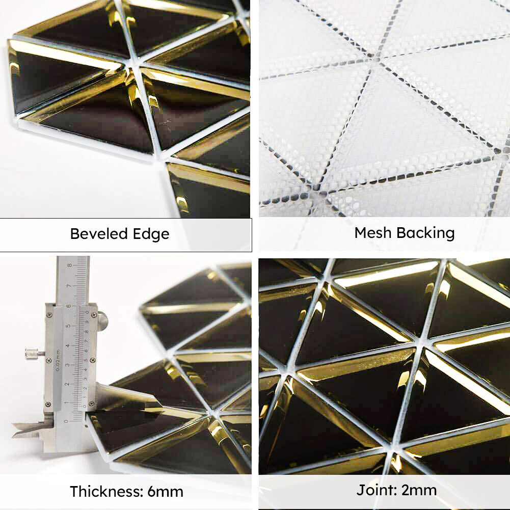 Diflart Beveled Mirror Glass Mosaic Tile, Black and Gold, 3 Inch Triangle, Glass Tile for Bathroom Kitchen Backsplash Shower Wall, Pack of 5 Sheets