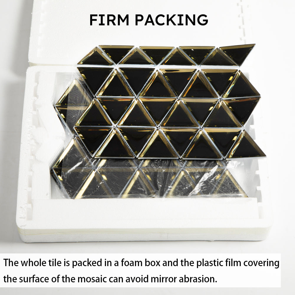 Diflart Beveled Mirror Glass Mosaic Tile, Black and Gold, 3 Inch Triangle, Glass Tile for Bathroom Kitchen Backsplash Shower Wall, Pack of 5 Sheets