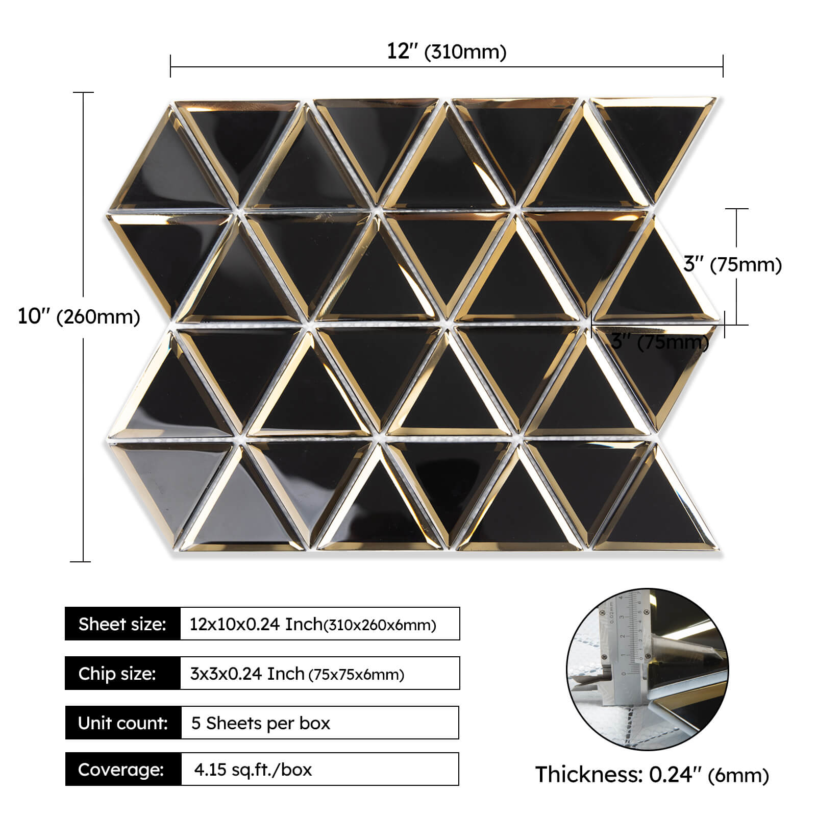 Diflart Beveled Mirror Glass Mosaic Tile, Black and Gold, 3 Inch Triangle, Glass Tile for Bathroom Kitchen Backsplash Shower Wall, Pack of 5 Sheets