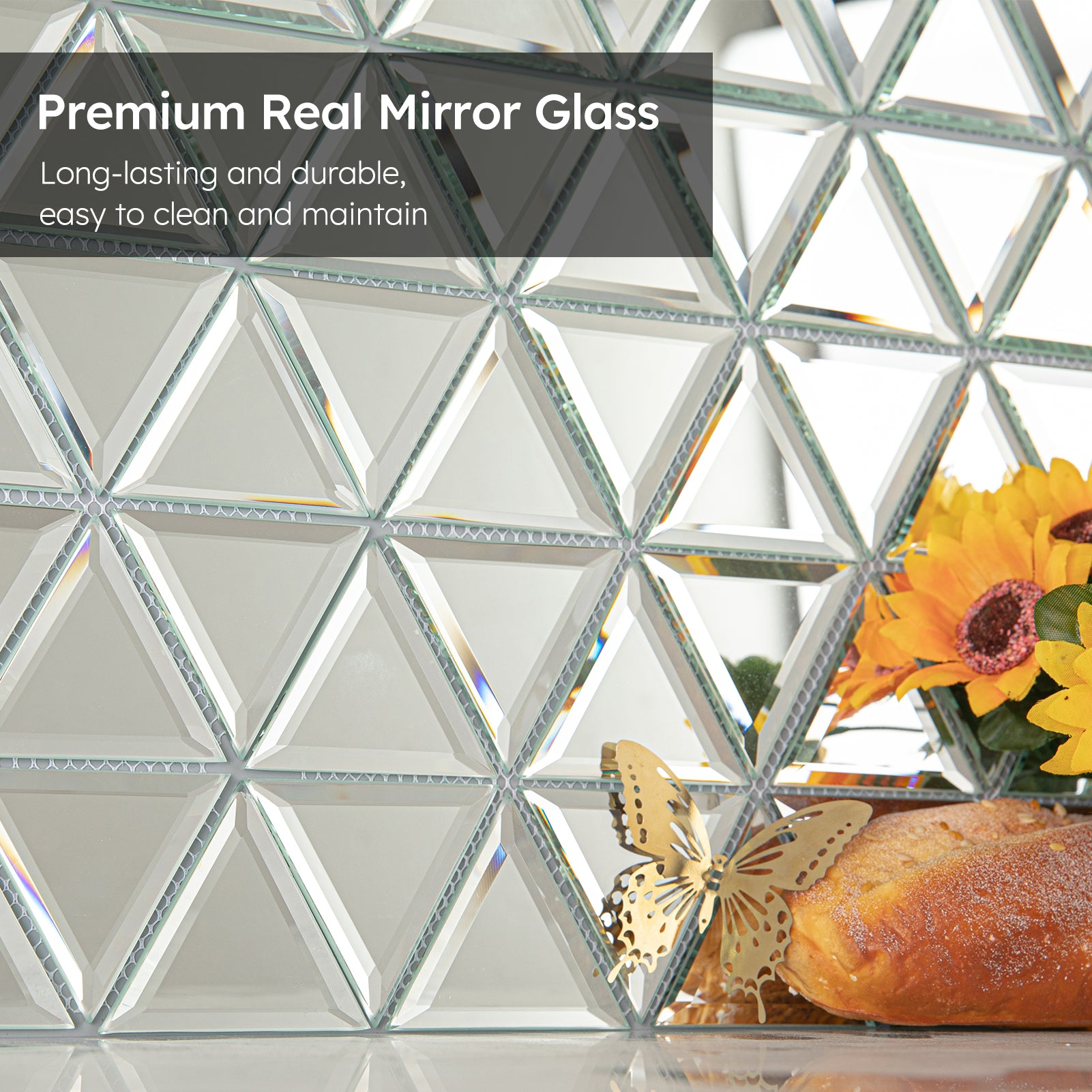 Diflart Beveled Mirror Glass Mosaic Tile, Silver, 3 Inch Triangle, Glass Tile for Bathroom Kitchen Backsplash Shower Wall, Pack of 5 Sheets