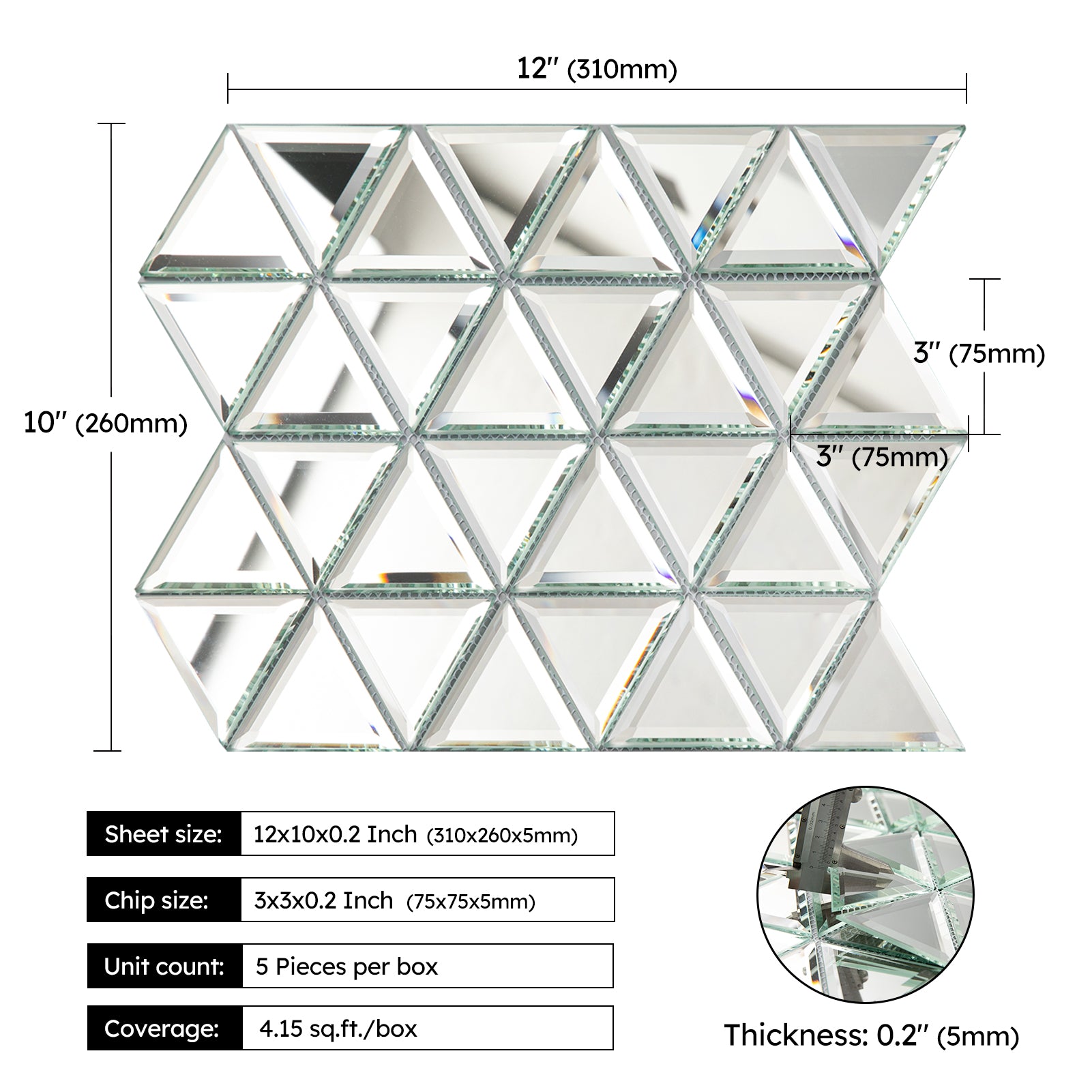 Diflart Beveled Mirror Glass Mosaic Tile, Silver, 3 Inch Triangle, Glass Tile for Bathroom Kitchen Backsplash Shower Wall, Pack of 5 Sheets