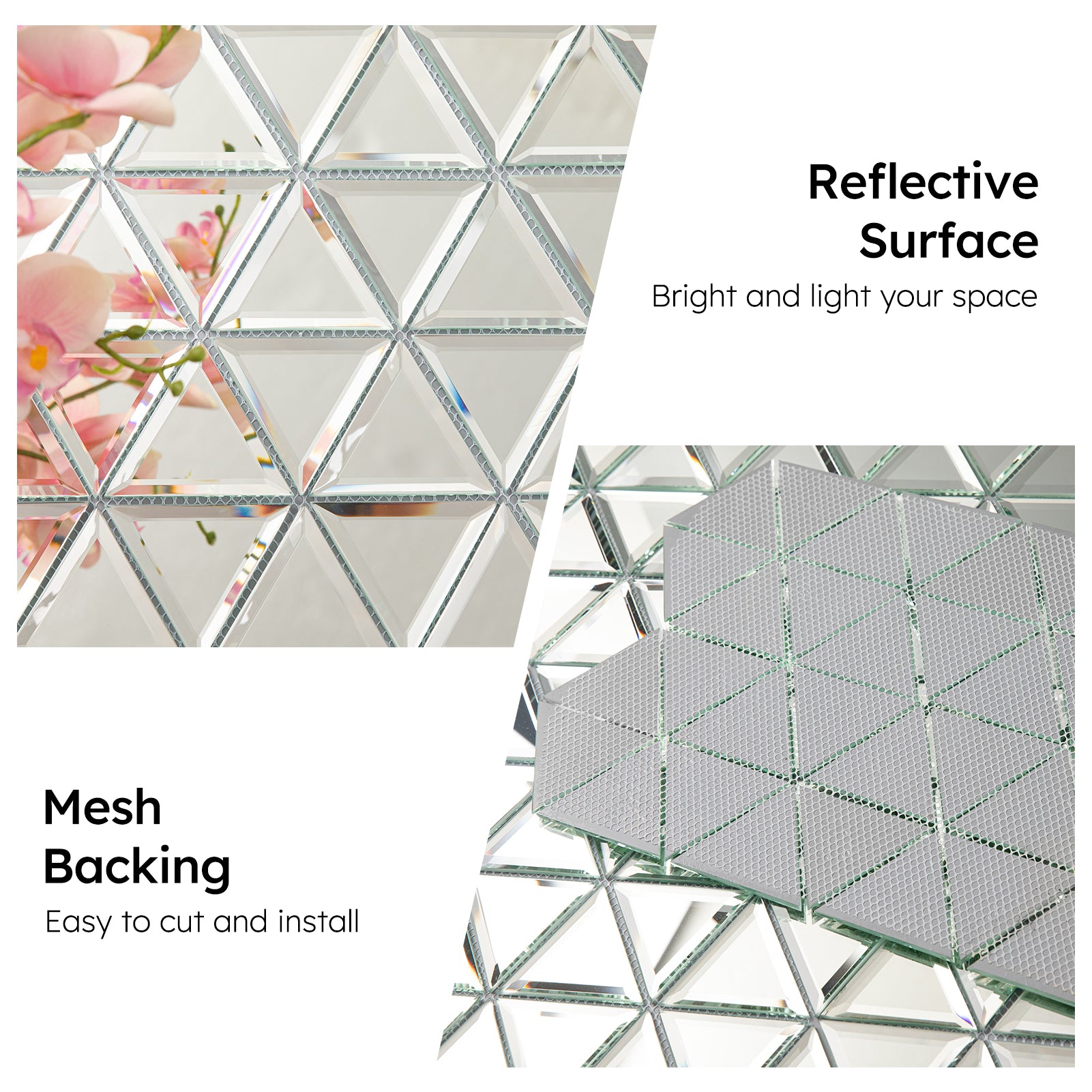 Diflart Beveled Mirror Glass Mosaic Tile, Silver, 3 Inch Triangle, Glass Tile for Bathroom Kitchen Backsplash Shower Wall, Pack of 5 Sheets