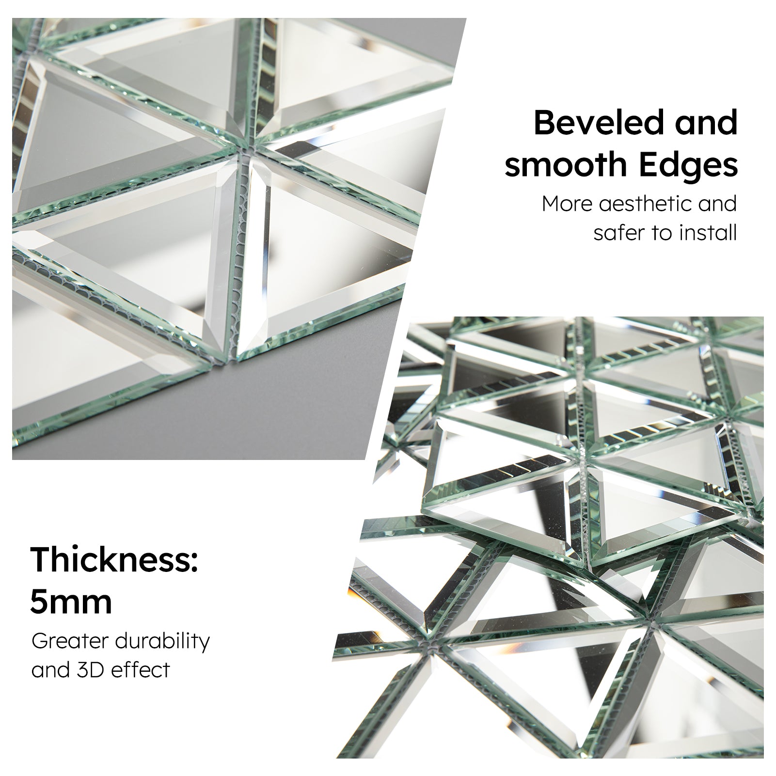 Diflart Beveled Mirror Glass Mosaic Tile, Silver, 3 Inch Triangle, Glass Tile for Bathroom Kitchen Backsplash Shower Wall, Pack of 5 Sheets