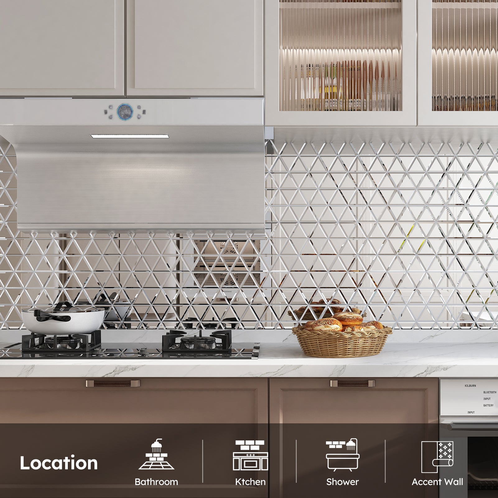 Diflart Beveled Mirror Glass Mosaic Tile, Silver, 3 Inch Triangle, Glass Tile for Bathroom Kitchen Backsplash Shower Wall, Pack of 5 Sheets