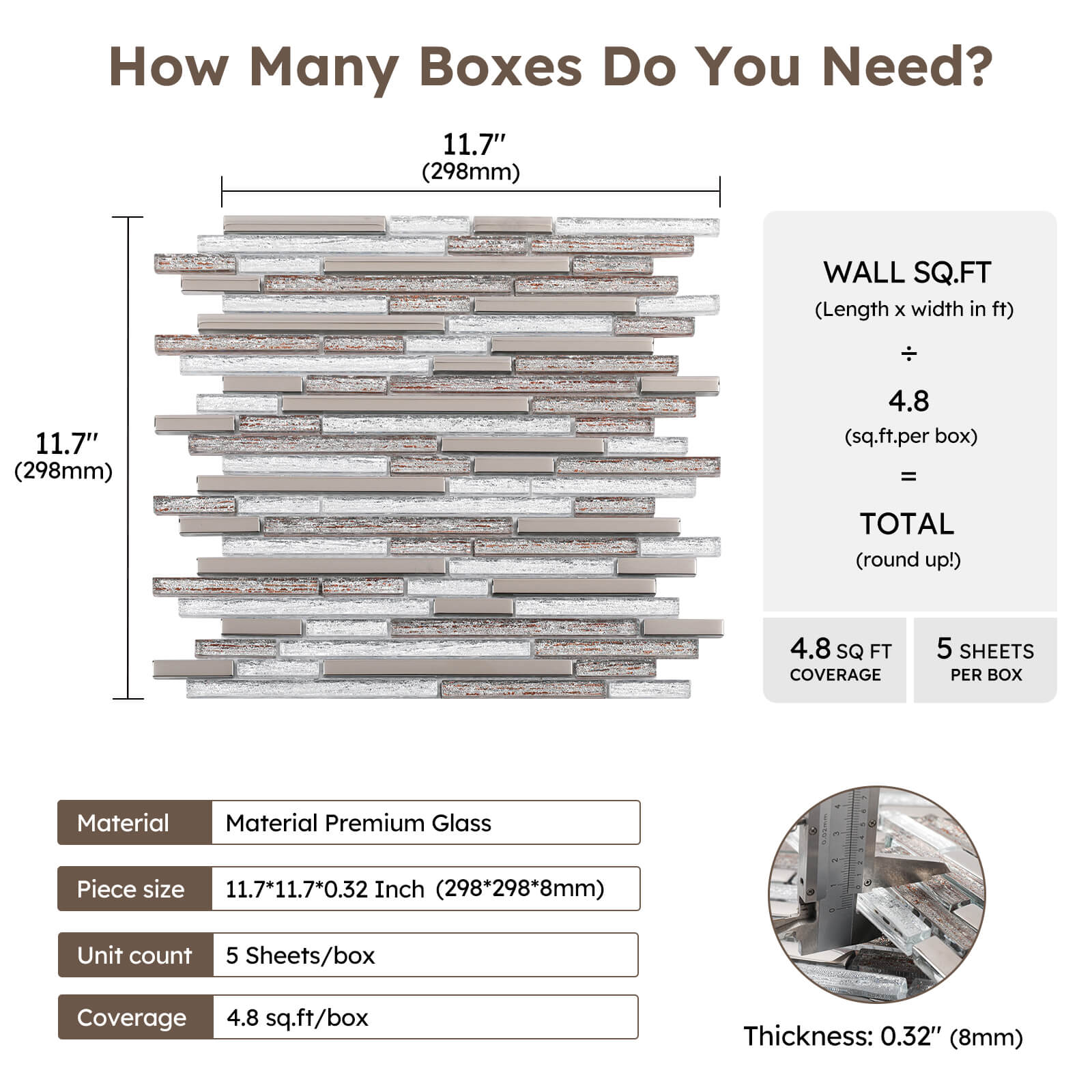 Diflart Glass Mosaic Tiles, Waterfall Linear Glass Backsplash Tile for Kitchen Bathroom Shower Wall, Pack of 5 Sheets(Silver and Brown,11.7x11.7 Inch)