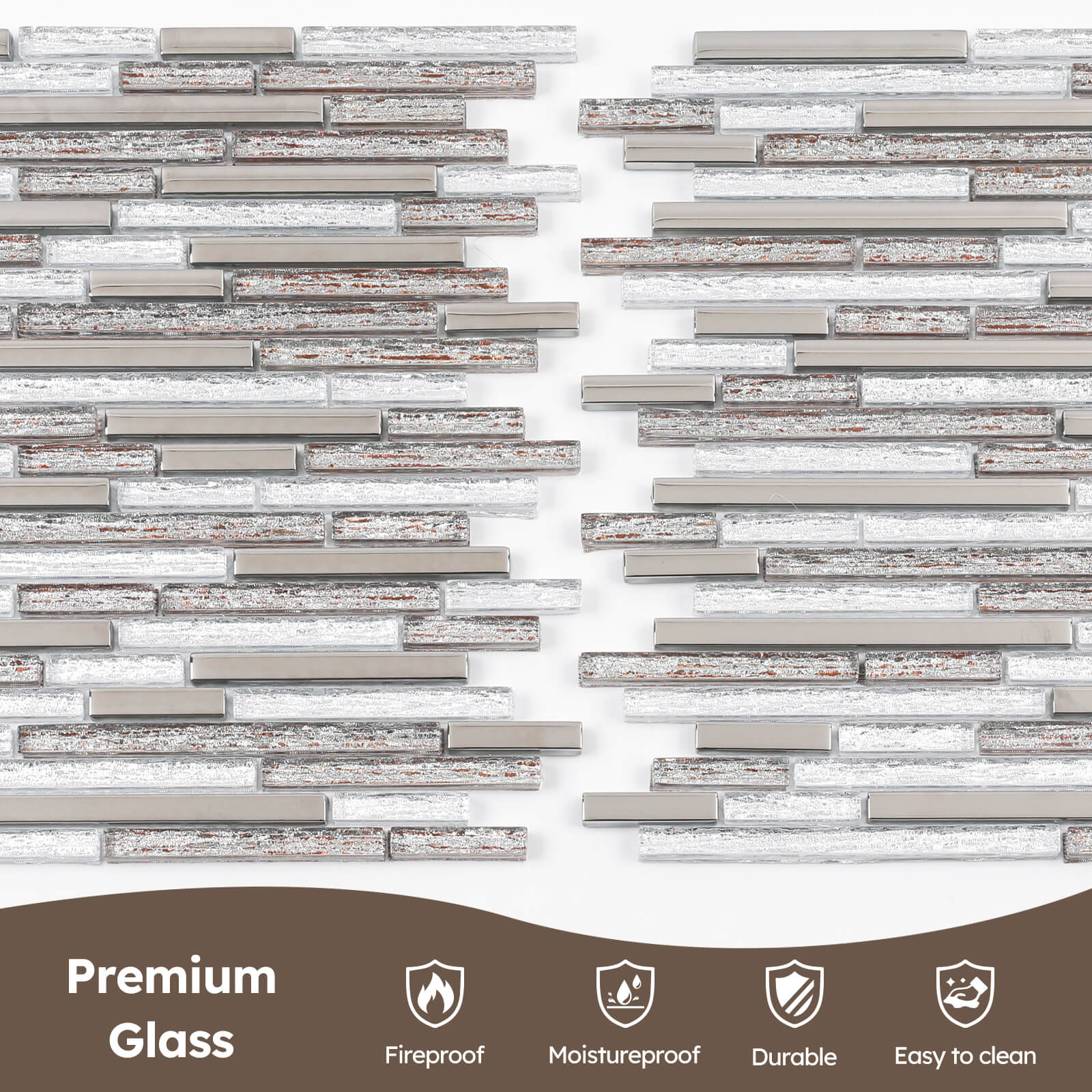 Diflart Glass Mosaic Tiles, Waterfall Linear Glass Backsplash Tile for Kitchen Bathroom Shower Wall, Pack of 5 Sheets(Silver and Brown,11.7x11.7 Inch)
