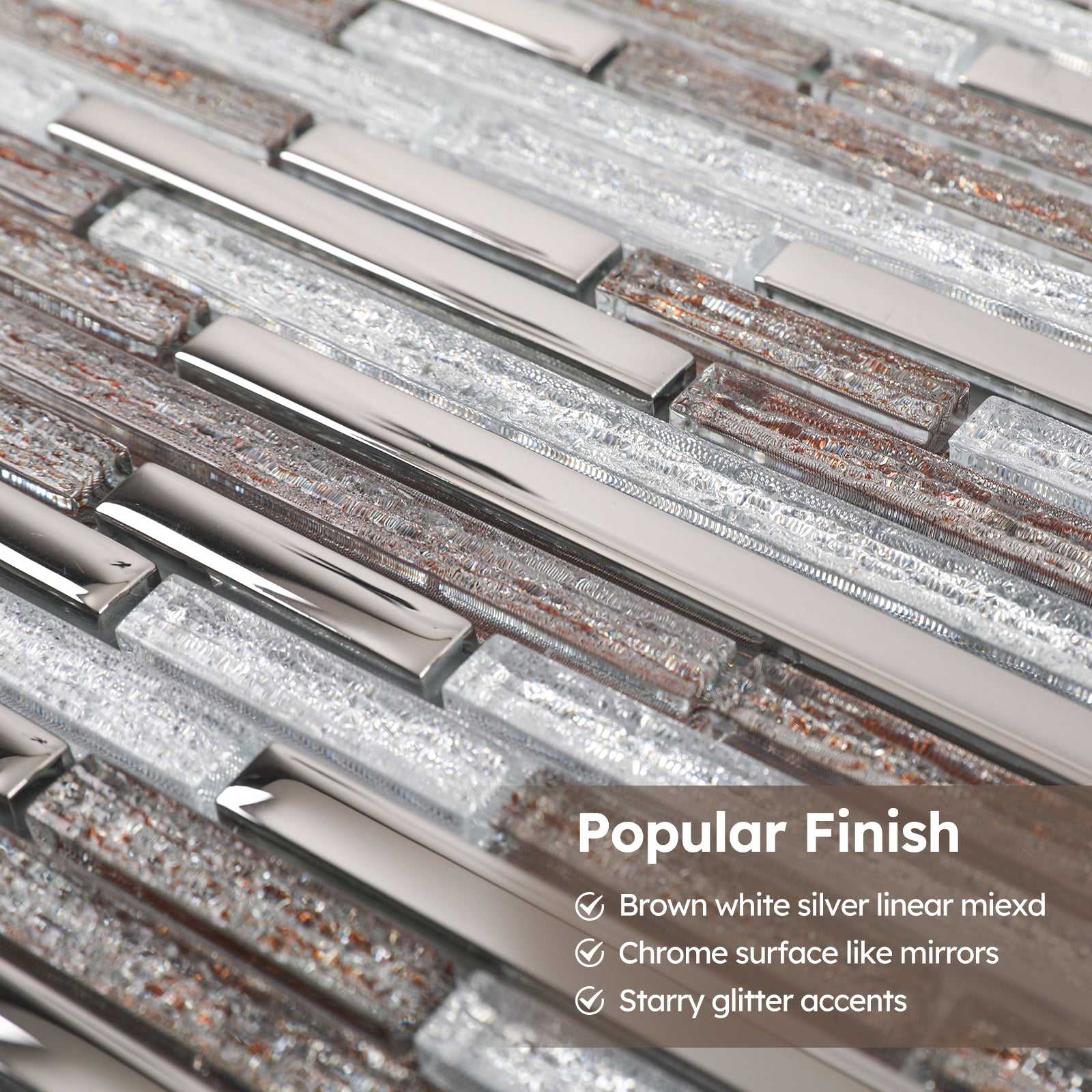 Diflart Glass Mosaic Tiles, Waterfall Linear Glass Backsplash Tile for Kitchen Bathroom Shower Wall, Pack of 5 Sheets(Silver and Brown,11.7x11.7 Inch)