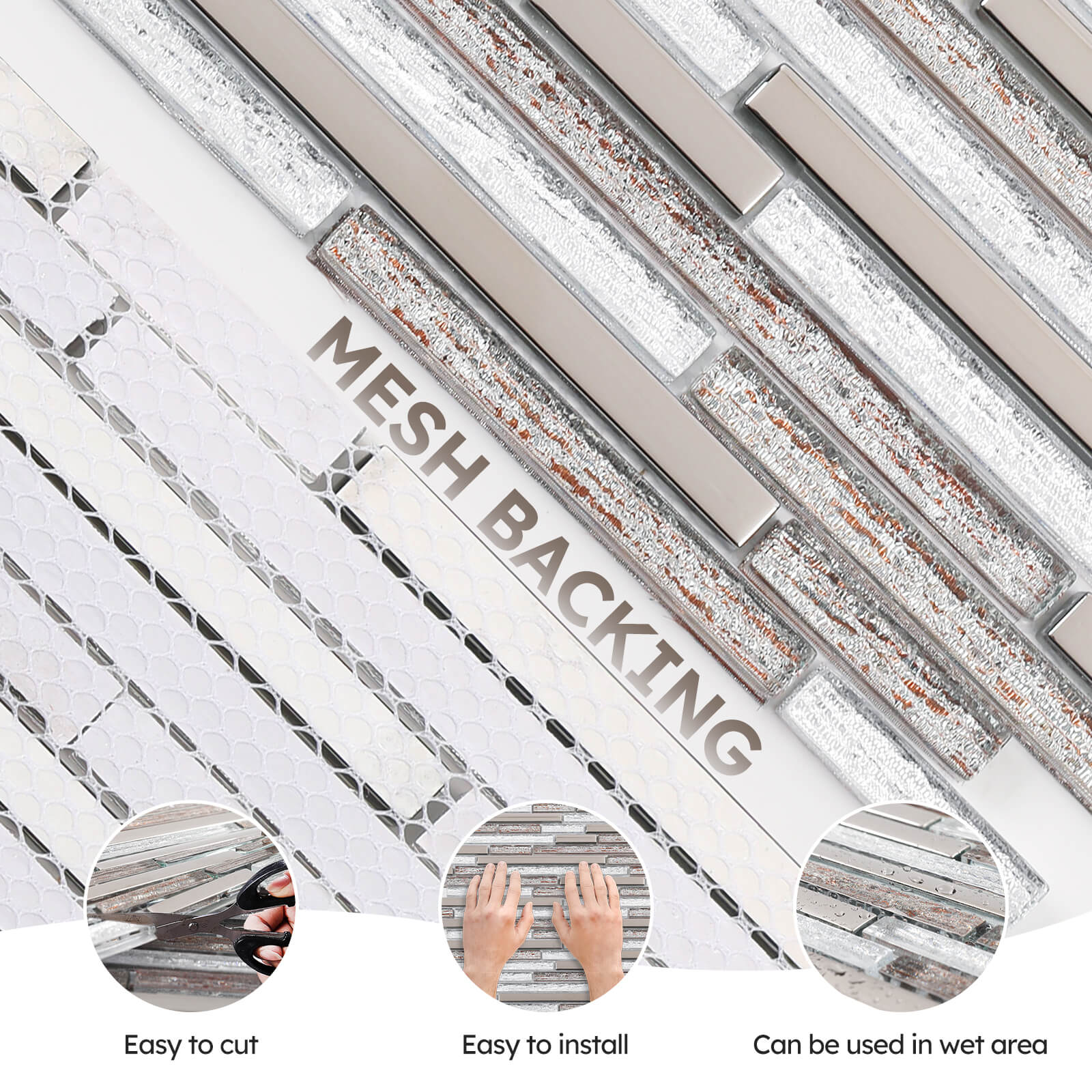 Diflart Glass Mosaic Tiles, Waterfall Linear Glass Backsplash Tile for Kitchen Bathroom Shower Wall, Pack of 5 Sheets(Silver and Brown,11.7x11.7 Inch)