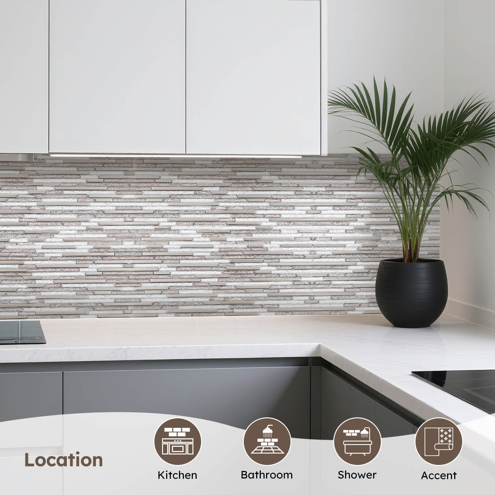 Diflart Glass Mosaic Tiles, Waterfall Linear Glass Backsplash Tile for Kitchen Bathroom Shower Wall, Pack of 5 Sheets(Silver and Brown,11.7x11.7 Inch)