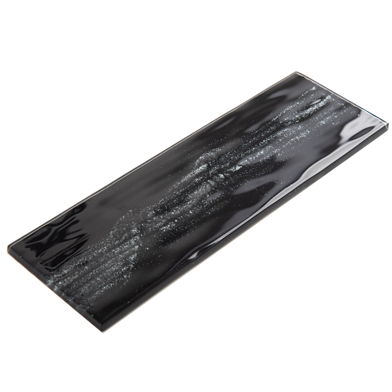 Glass Subway Tiles, Black, 3x10 Inch, Glossy, Textured, Sparkling Surface