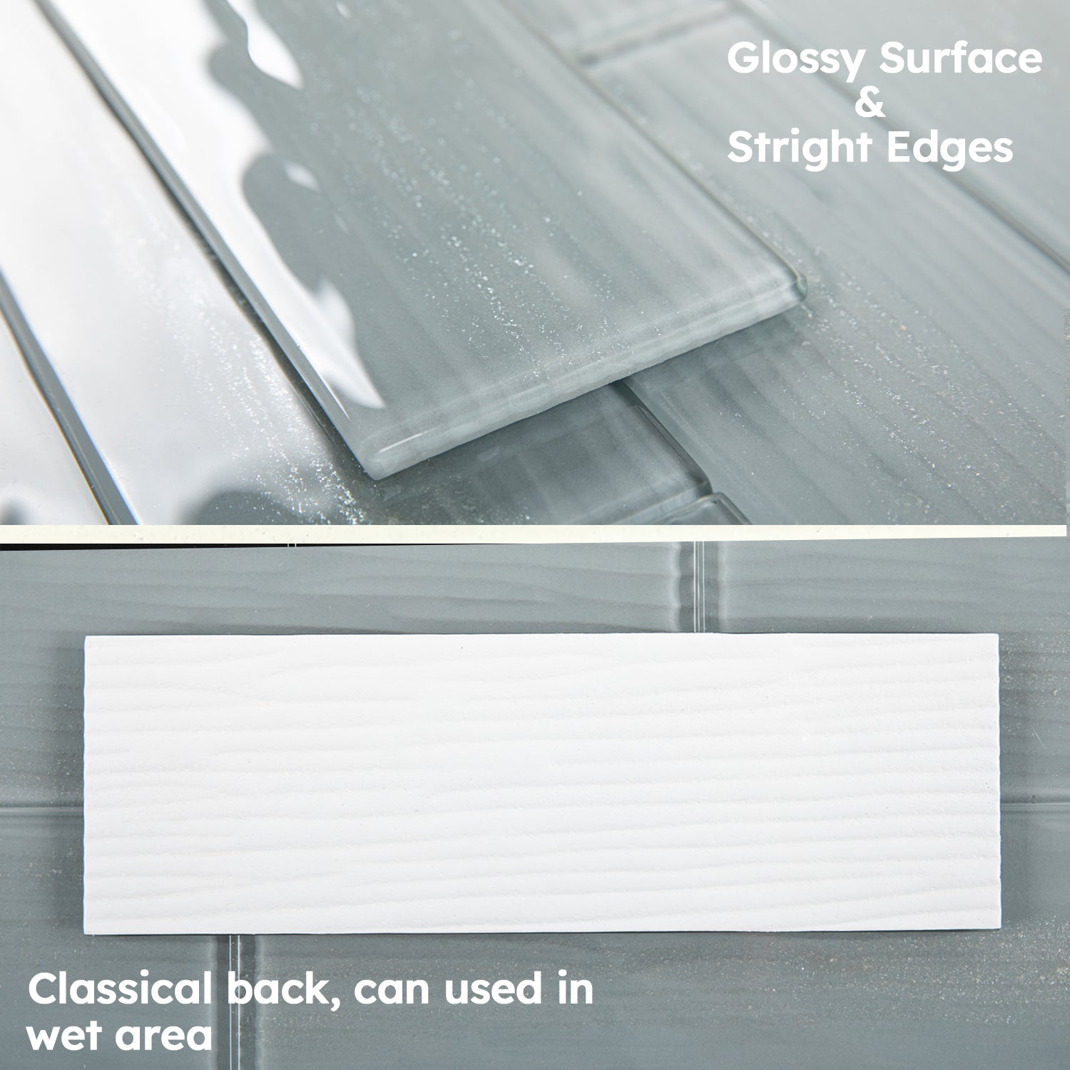 Glass Subway Tiles, Grey, 3x10 Inch, Glossy, Textured, Sparkling Surface
