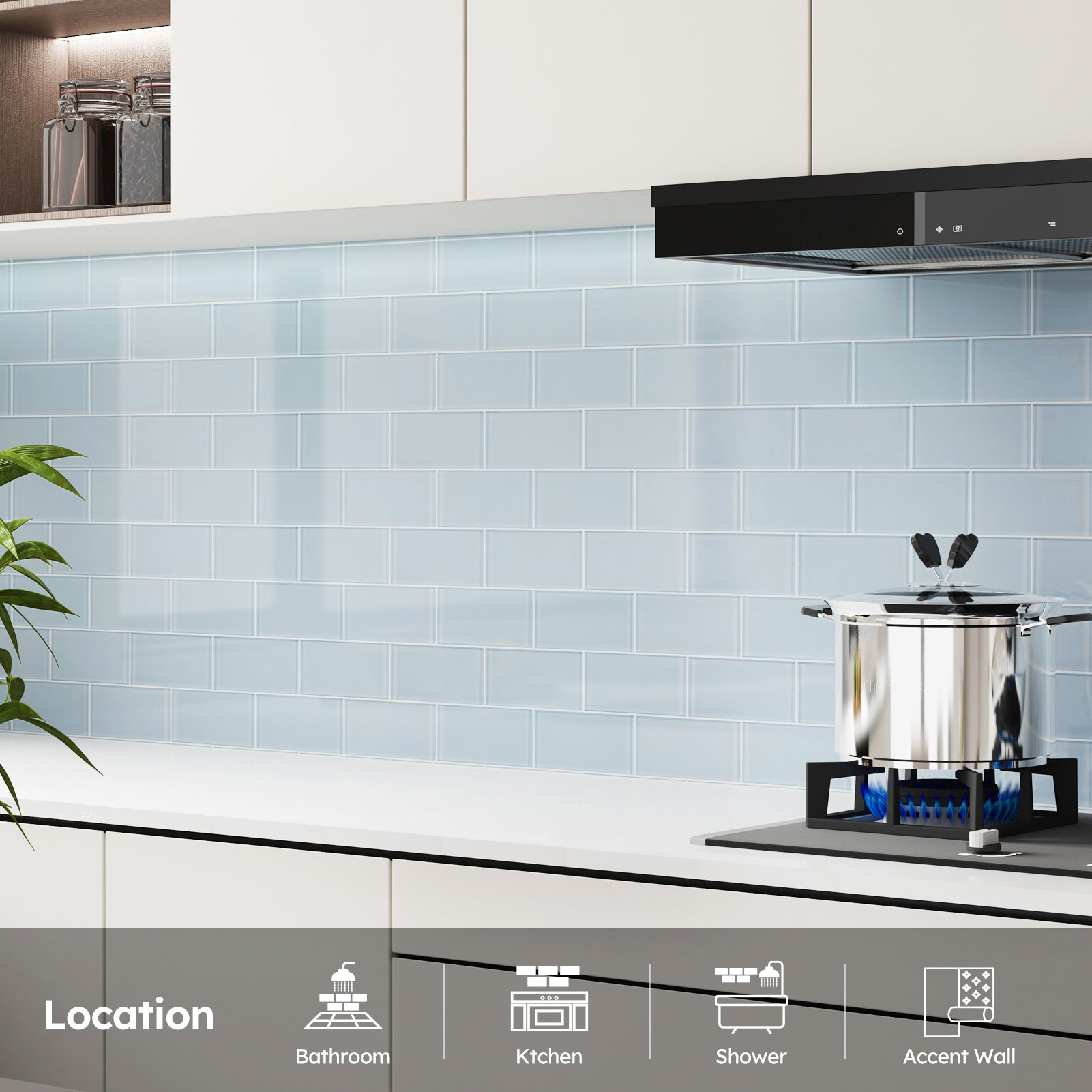 Diflart Glass Subway Tile 3x6 Inch, Light Blue, Glossy, 4 Sq.ft, Glass Backsplash for Kitchen Bathroom Wall, Pack of 32 Pcs