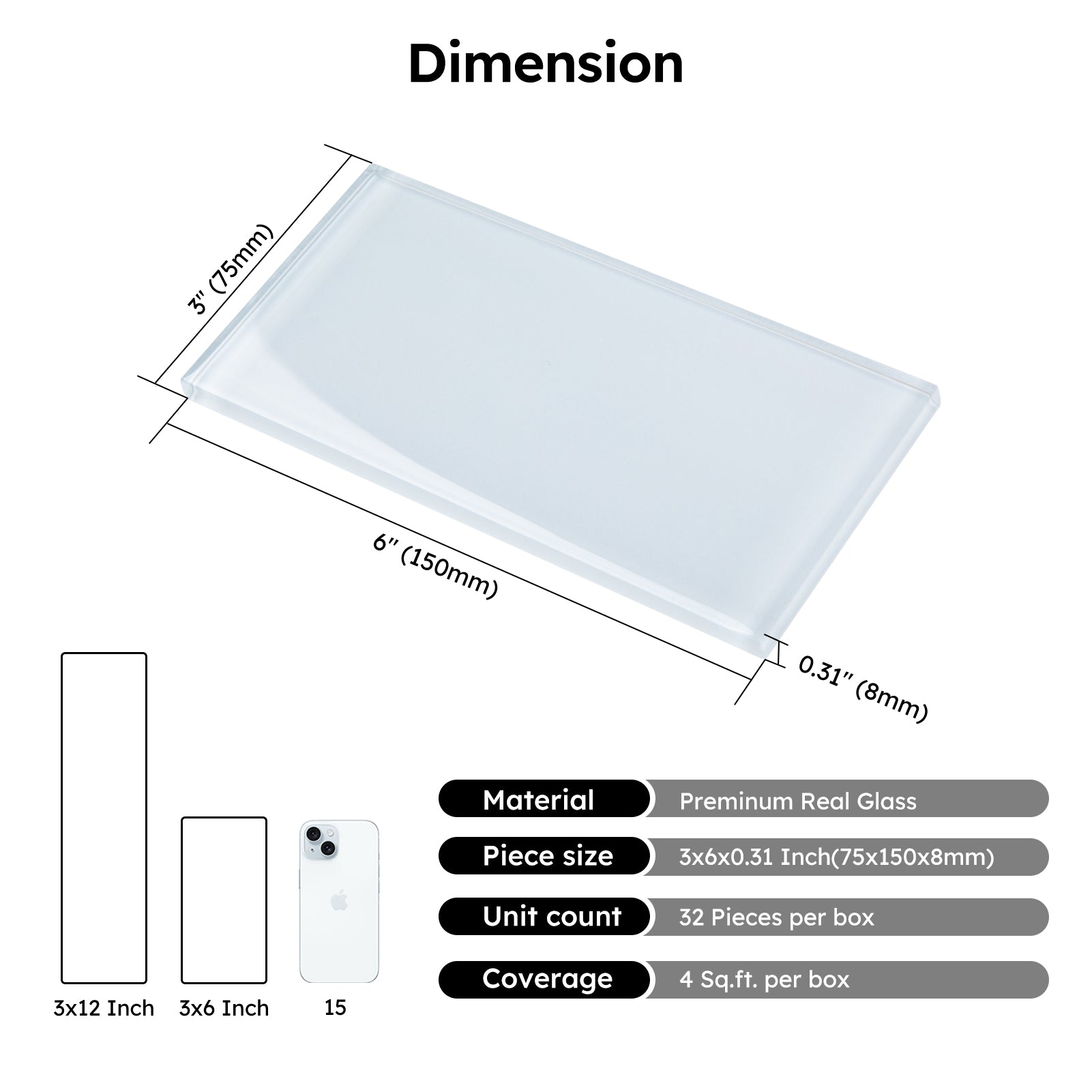 Diflart Glass Subway Tile 3x6 Inch, Light Blue, Glossy, 4 Sq.ft, Glass Backsplash for Kitchen Bathroom Wall, Pack of 32 Pcs