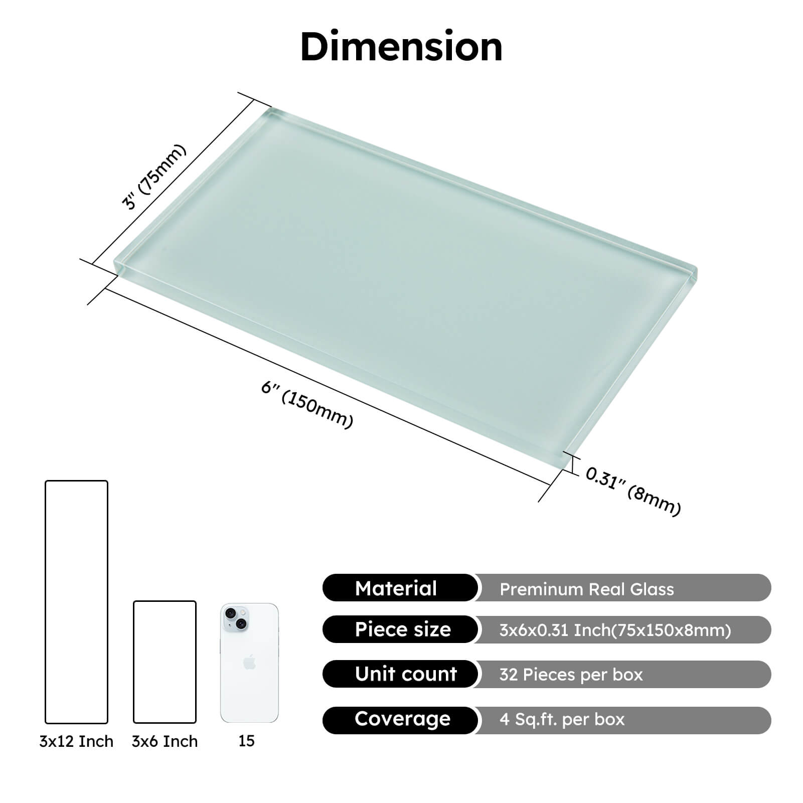 Diflart Glass Subway Tile 3x6 Inch, Soft Green, Glossy, 4 Sq.ft, Glass Backsplash for Kitchen Bathroom Wall, Pack of 32 Pcs