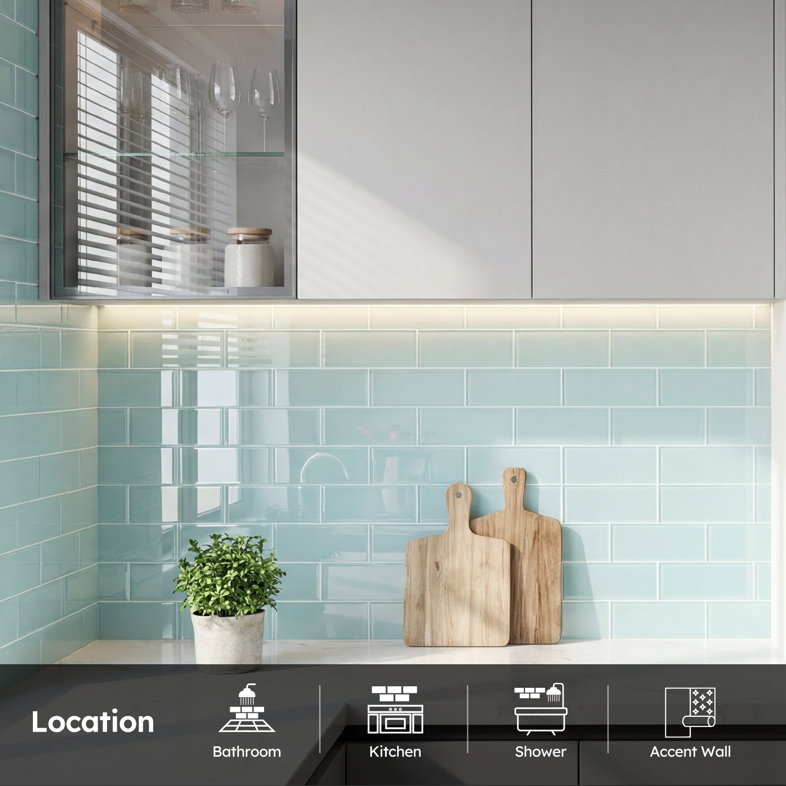 Diflart Glass Subway Tile 3x6 Inch, Soft Green, Glossy, 4 Sq.ft, Glass Backsplash for Kitchen Bathroom Wall, Pack of 32 Pcs