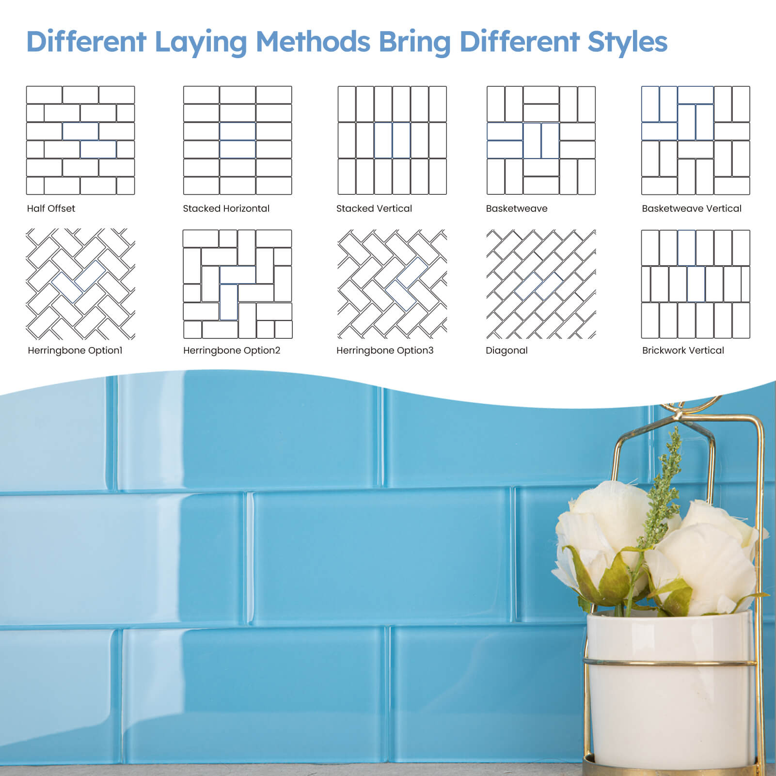 Diflart Glass Subway Tile 3x6 Inch, Blue, Glossy, 4 Sq.ft, Glass Backsplash for Kitchen Bathroom Shoer Wall Tiles, Pack of 32 Pcs