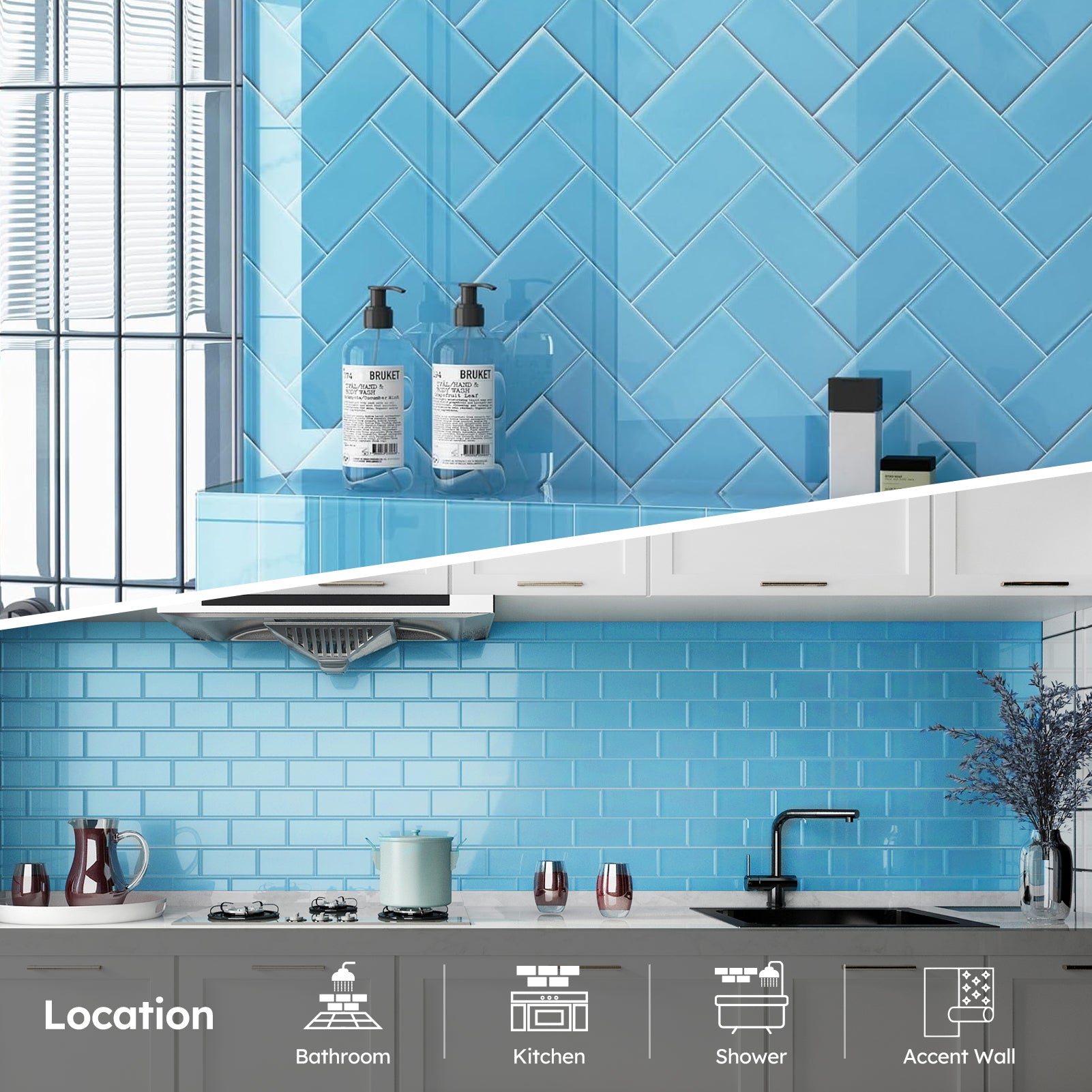 Diflart Glass Subway Tile 3x6 Inch, Blue, Glossy, 4 Sq.ft, Glass Backsplash for Kitchen Bathroom Shoer Wall Tiles, Pack of 32 Pcs