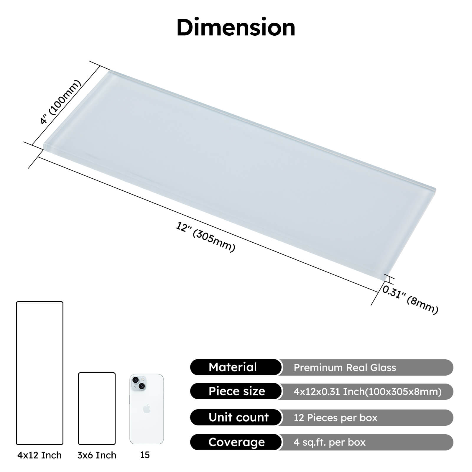 Diflart Glass Subway Tile 4x12 Inch, Light Blue, Glossy, 4 Sq.ft, Glass Backsplash for Kitchen Bathroom Wall, Pack of 12 Pcs