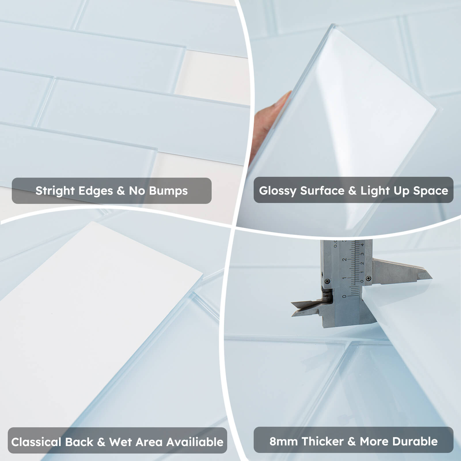 Diflart Glass Subway Tile 4x12 Inch, Light Blue, Glossy, 4 Sq.ft, Glass Backsplash for Kitchen Bathroom Wall, Pack of 12 Pcs