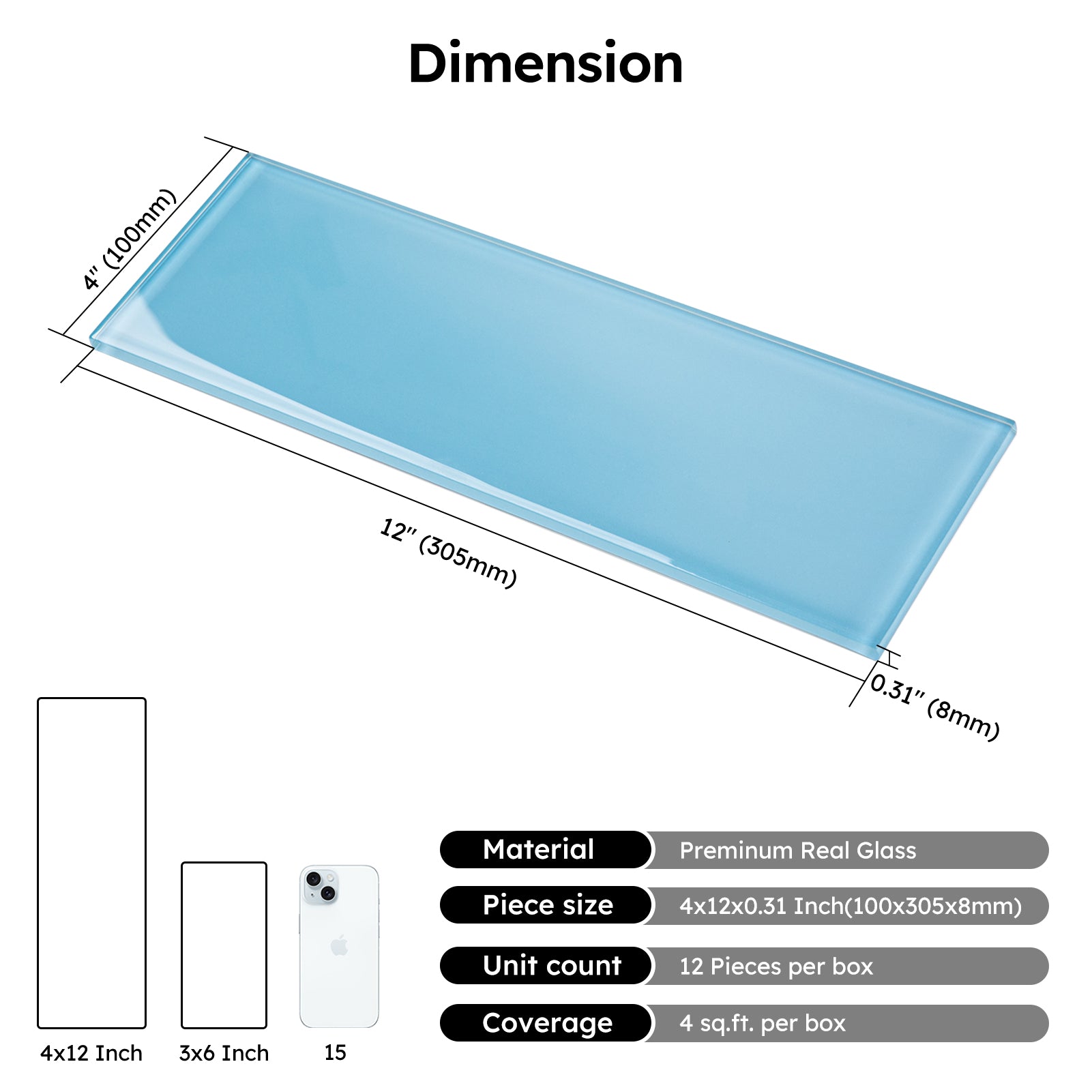 Diflart Glass Subway Tile 4x12 Inch, Blue, Glossy, 4 Sq.ft, Glass Backsplash for Kitchen Bathroom Wall, Pack of 12 Pcs