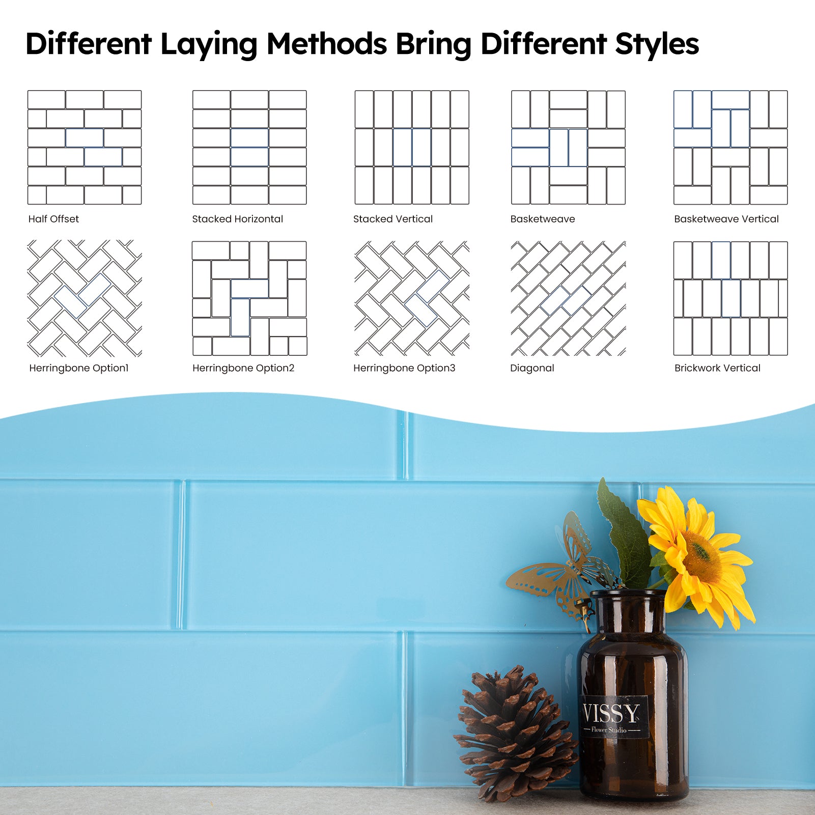 Diflart Glass Subway Tile 4x12 Inch, Blue, Glossy, 4 Sq.ft, Glass Backsplash for Kitchen Bathroom Wall, Pack of 12 Pcs