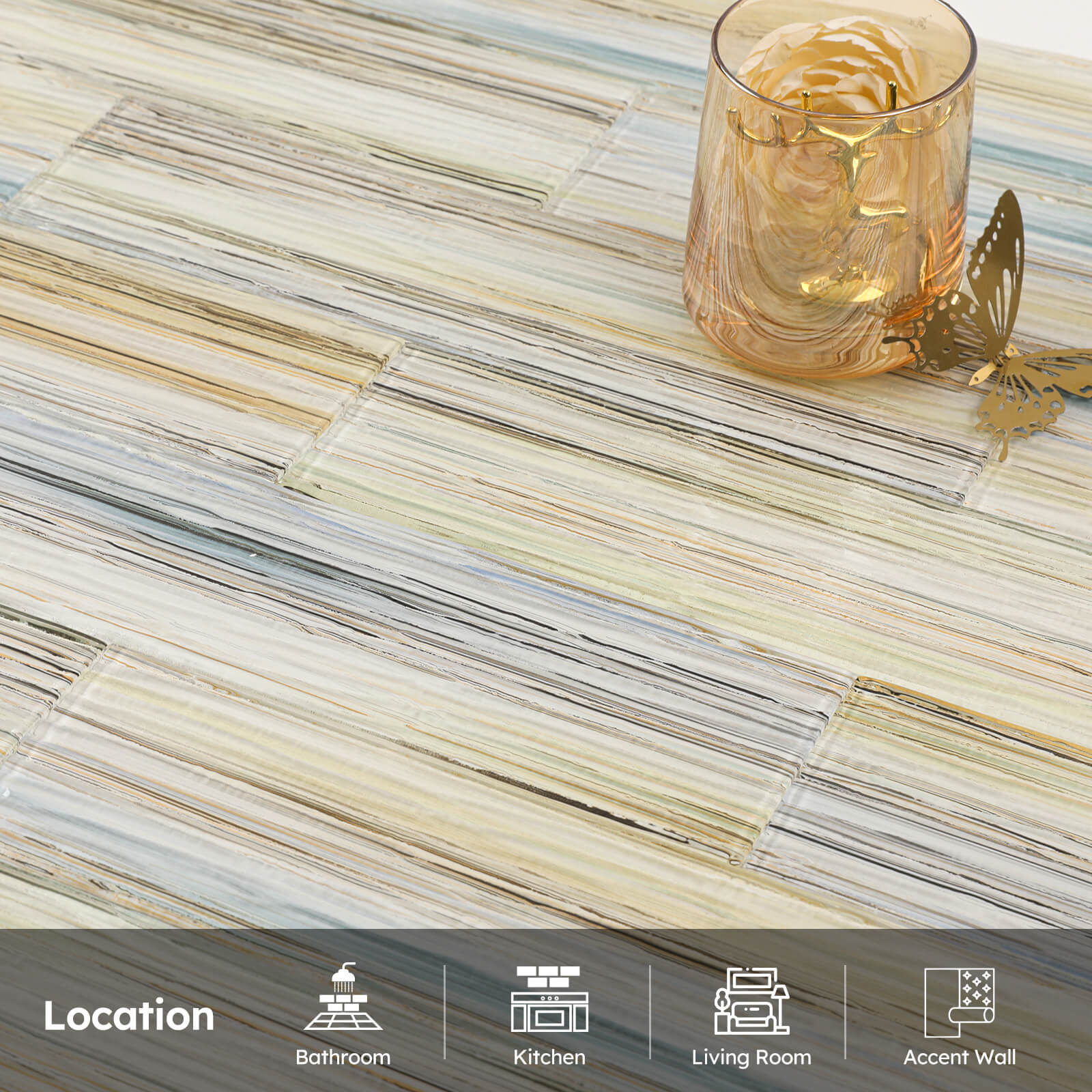 Diflart Peel and Stick Glass Subway Tiles, Bluish Yellow, 3x12 Inch, Water Wave Glass Backsplash for Kitchen Bathroom Wall Tiles, Pack of 20 Pieces