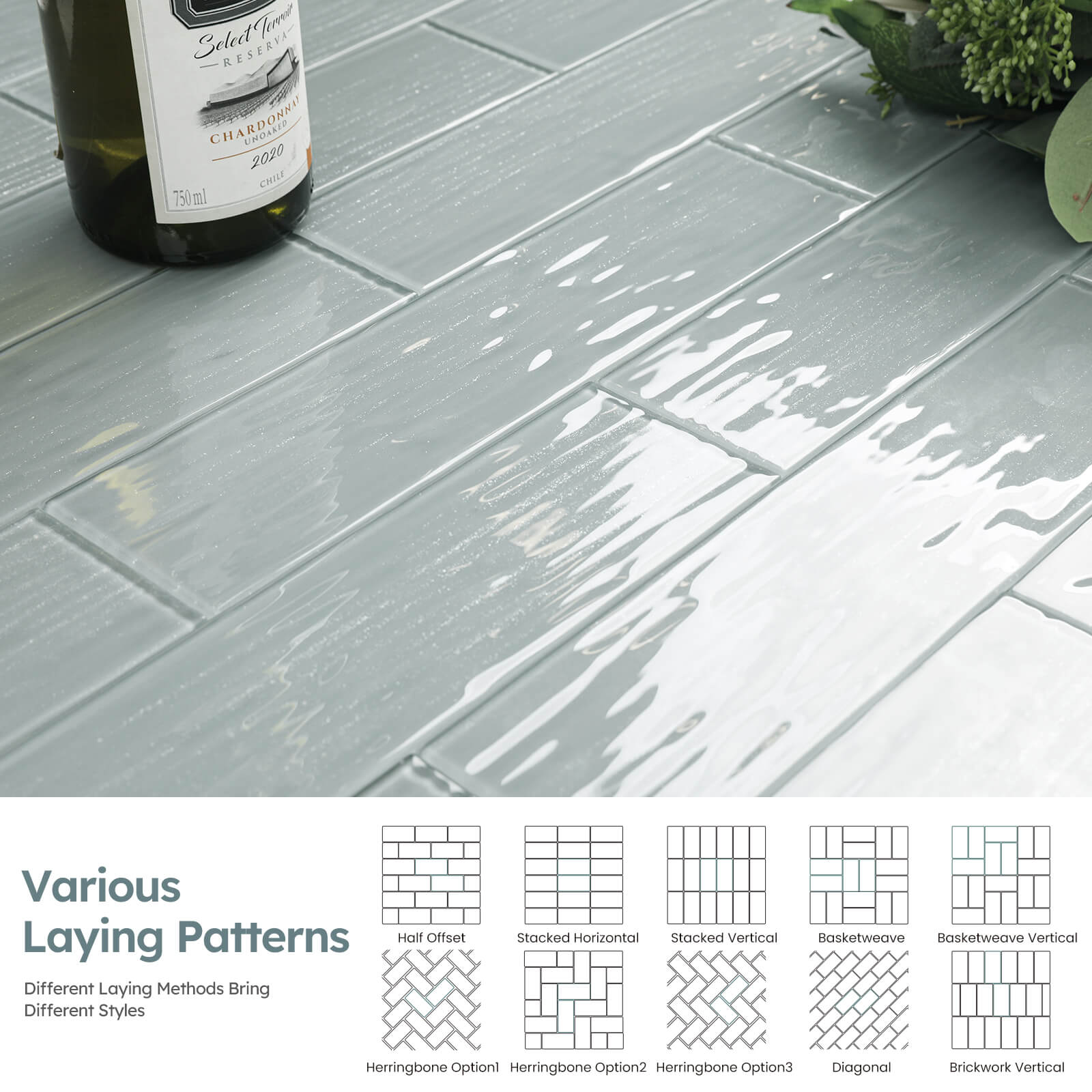 Diflart Peel and Stick Glass Subway Tiles, Pearl Gray, 3x12 Inch, Water Wave Glass Backsplash for Kitchen Bathroom Wall Tiles, Pack of 20 Pieces
