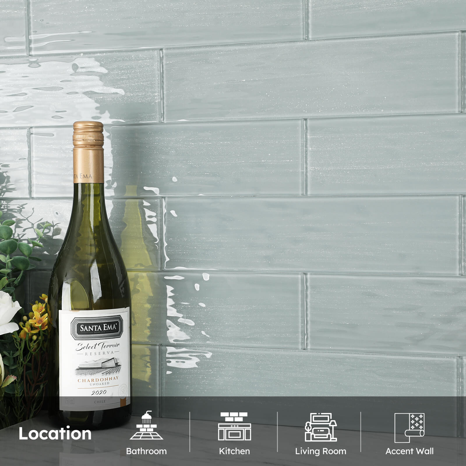 Diflart Peel and Stick Glass Subway Tiles, Pearl Gray, 3x12 Inch, Water Wave Glass Backsplash for Kitchen Bathroom Wall Tiles, Pack of 20 Pieces