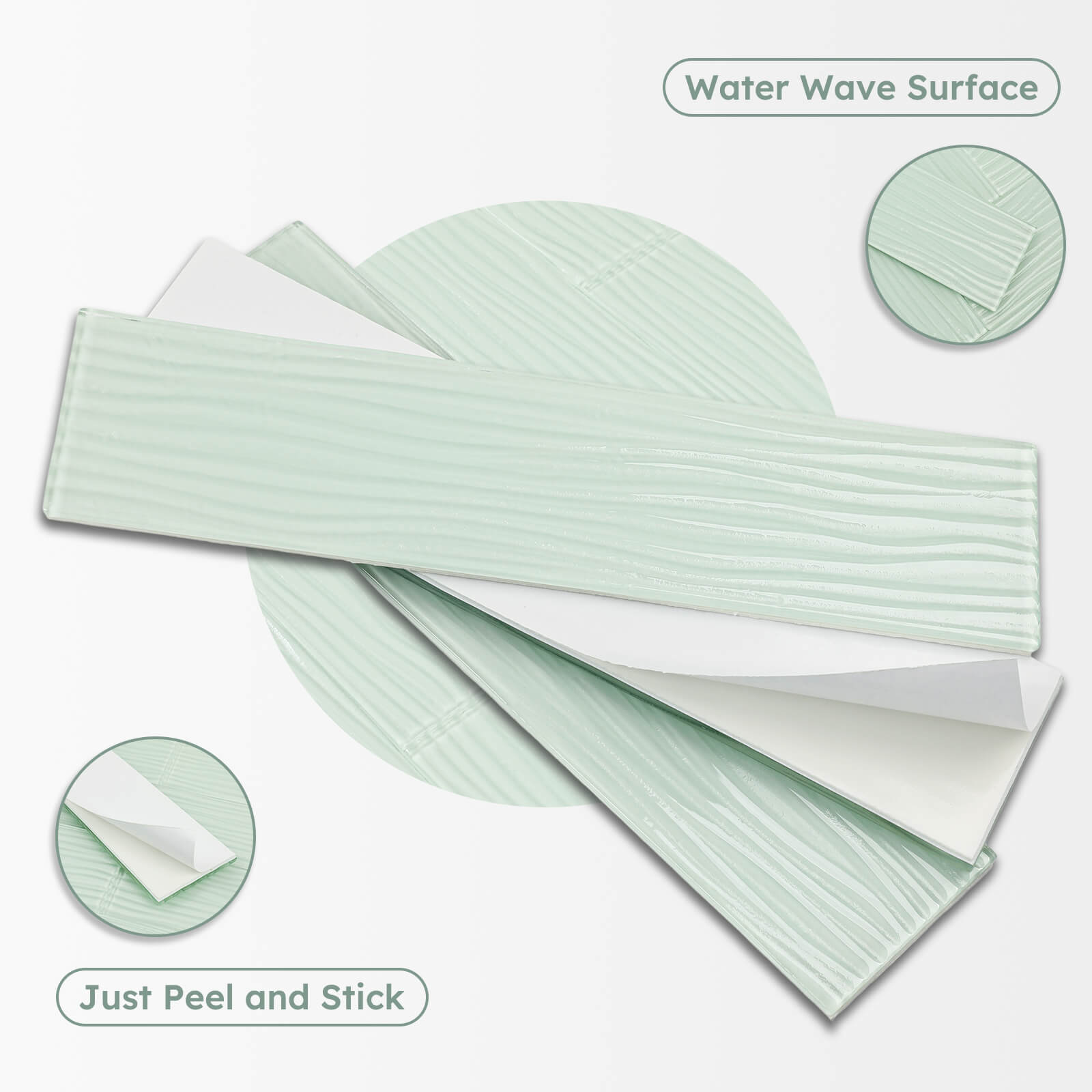 Diflart Peel and Stick Glass Subway Tiles, Light Green, 3x12 Inch, Water Wave Glass Backsplash for Kitchen Bathroom Wall Tiles, Pack of 20 Pieces