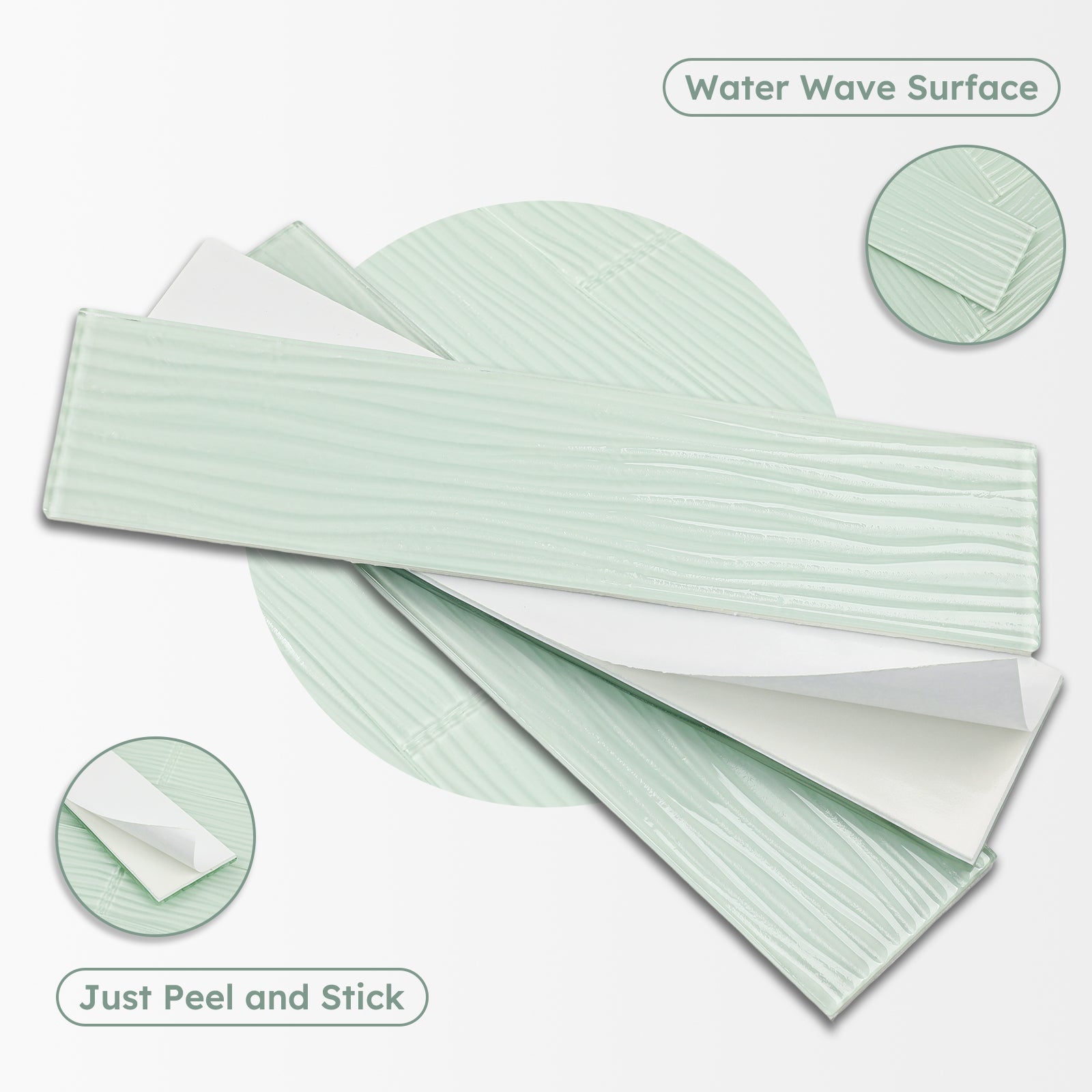 Diflart Peel and Stick Glass Subway Tiles, Light Green, 3x12 Inch, Water Wave Glass Backsplash for Kitchen Bathroom Wall Tiles, Pack of 20 Pieces