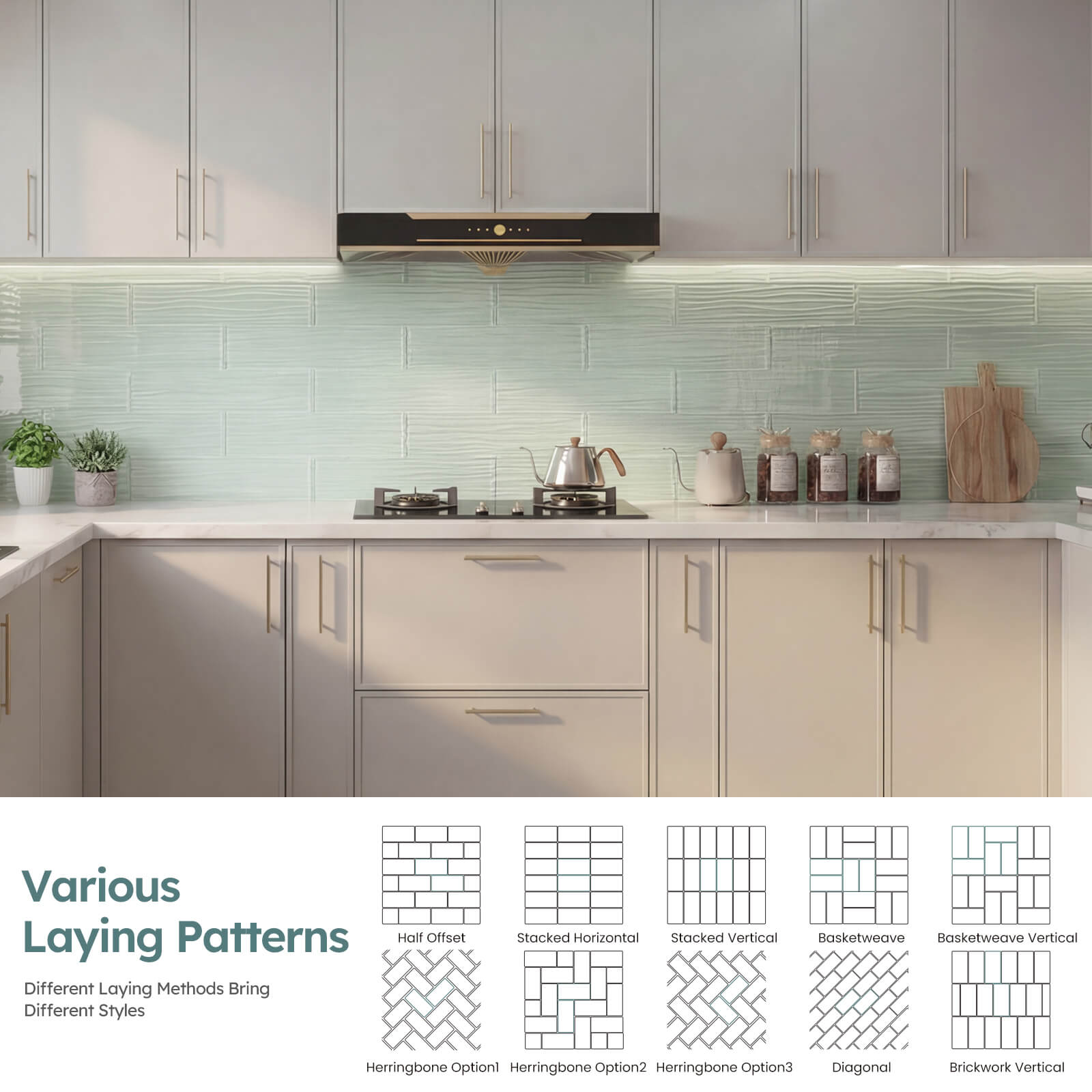 Diflart Peel and Stick Glass Subway Tiles, Light Green, 3x12 Inch, Water Wave Glass Backsplash for Kitchen Bathroom Wall Tiles, Pack of 20 Pieces