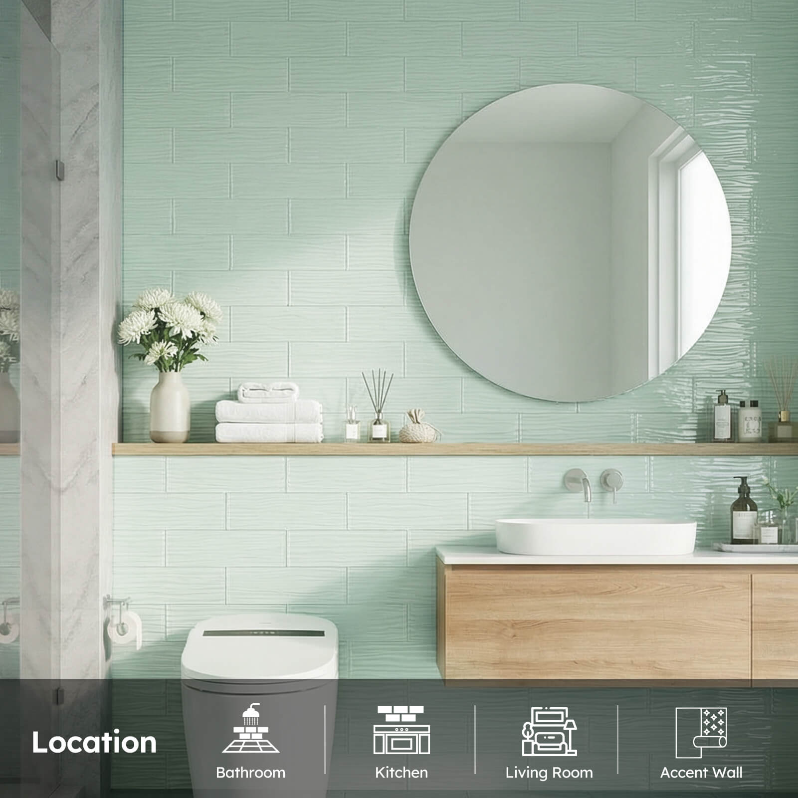 Diflart Peel and Stick Glass Subway Tiles, Light Green, 3x12 Inch, Water Wave Glass Backsplash for Kitchen Bathroom Wall Tiles, Pack of 20 Pieces