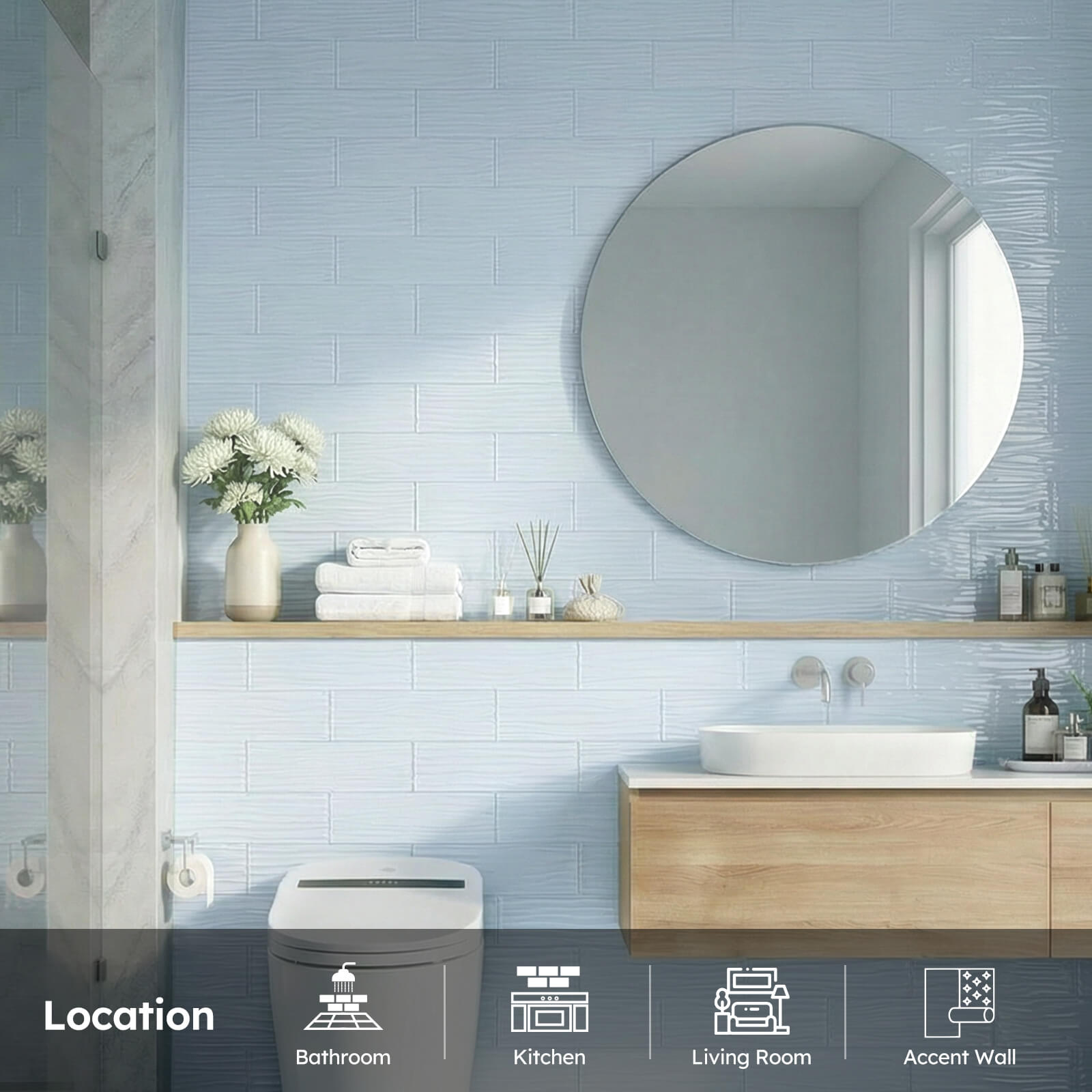 Diflart Peel and Stick Glass Subway Tiles, Light Blue, 3x12 Inch, Water Wave Glass Backsplash for Kitchen Bathroom Wall Tiles, Pack of 20 Pieces