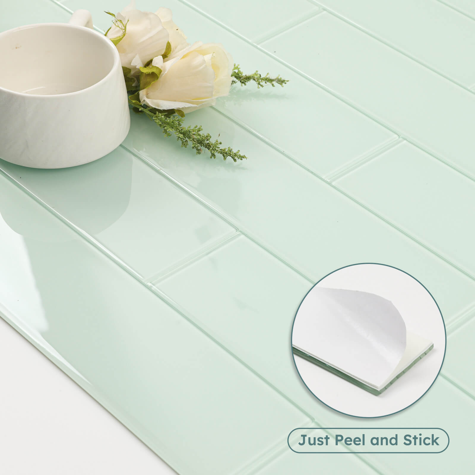 Diflart Peel and Stick Glass Subway Tiles, Light Green, 3x12 Inch, Glass Backsplash for Kitchen Bathroom Wall Tiles, Pack of 20 Pieces