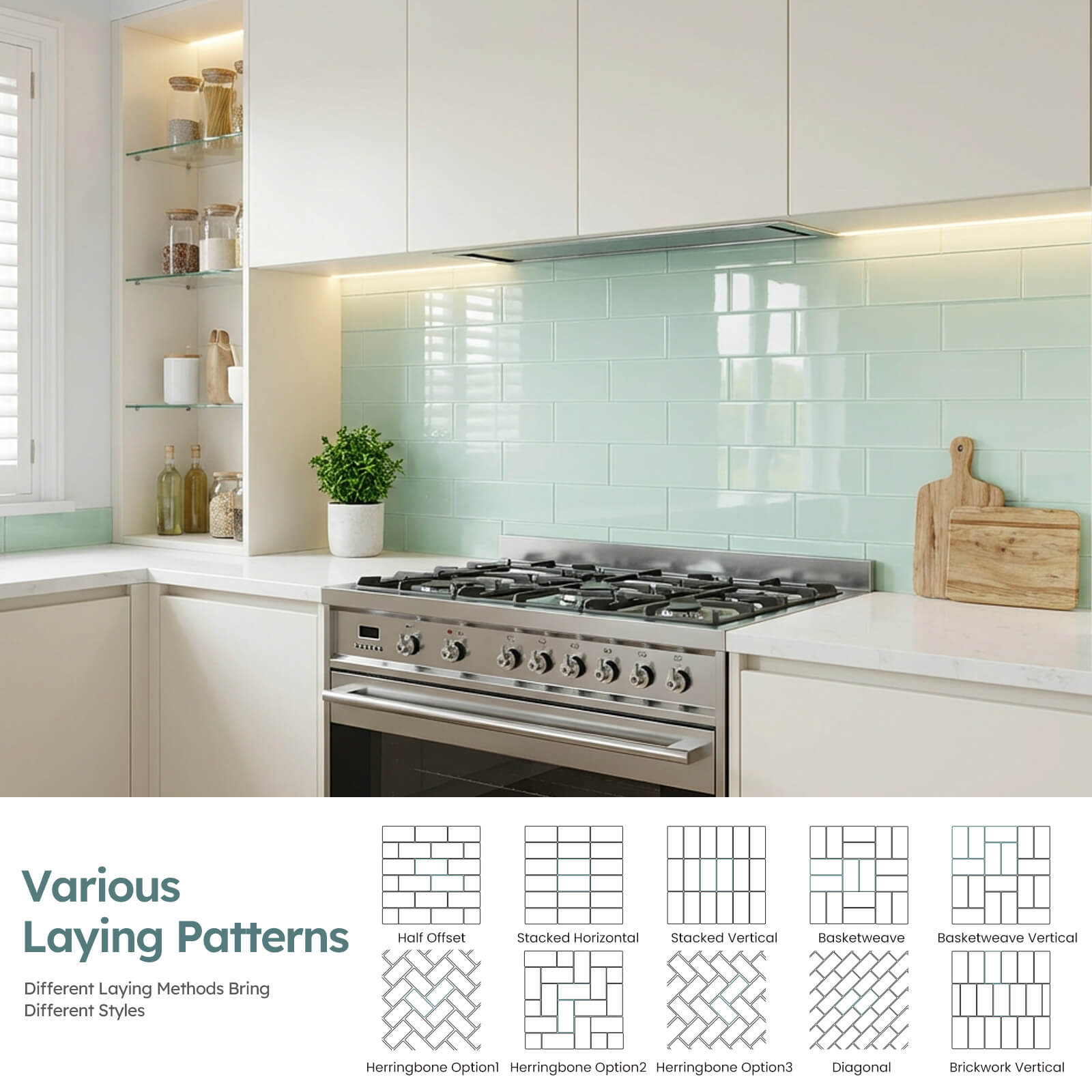 Diflart Peel and Stick Glass Subway Tiles, Light Green, 3x12 Inch, Glass Backsplash for Kitchen Bathroom Wall Tiles, Pack of 20 Pieces