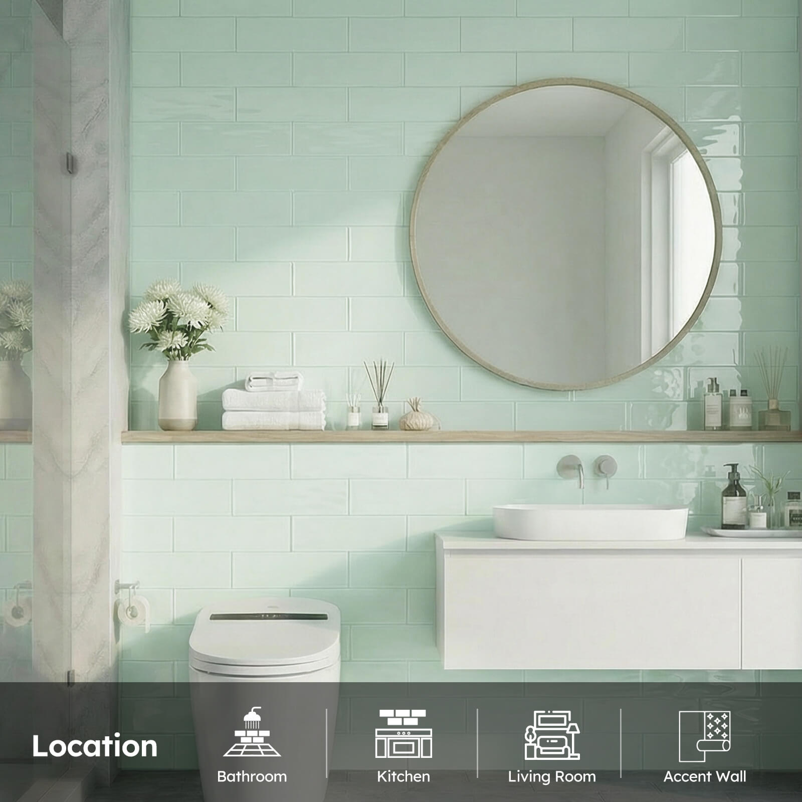 Diflart Peel and Stick Glass Subway Tiles, Light Green, 3x12 Inch, Glass Backsplash for Kitchen Bathroom Wall Tiles, Pack of 20 Pieces