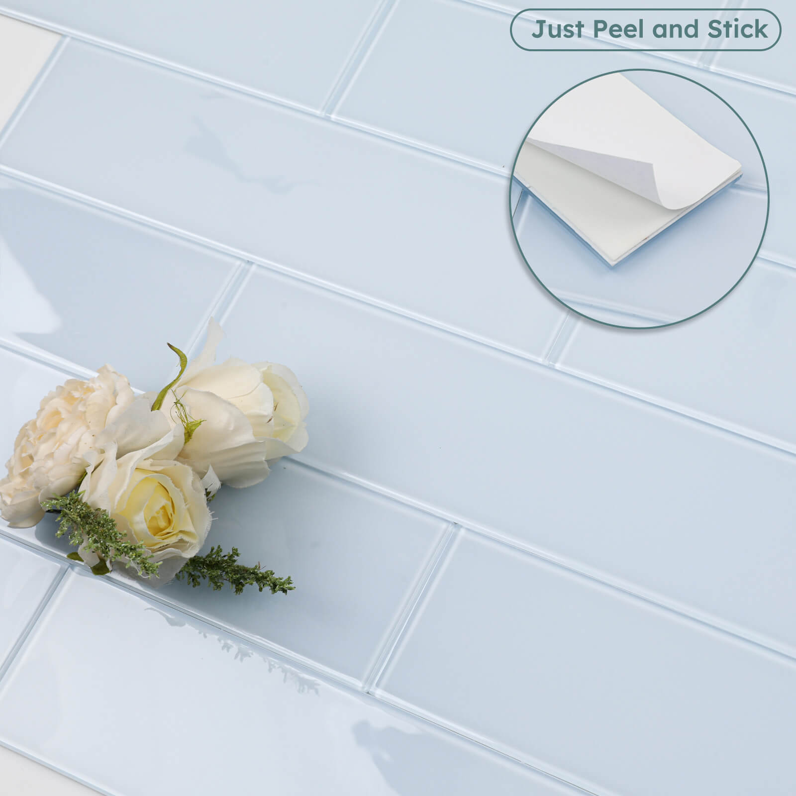 Diflart Peel and Stick Glass Subway Tiles, Light Blue, 3x12 Inch, Glass Backsplash for Kitchen Bathroom Wall Tiles, Pack of 20 Pieces