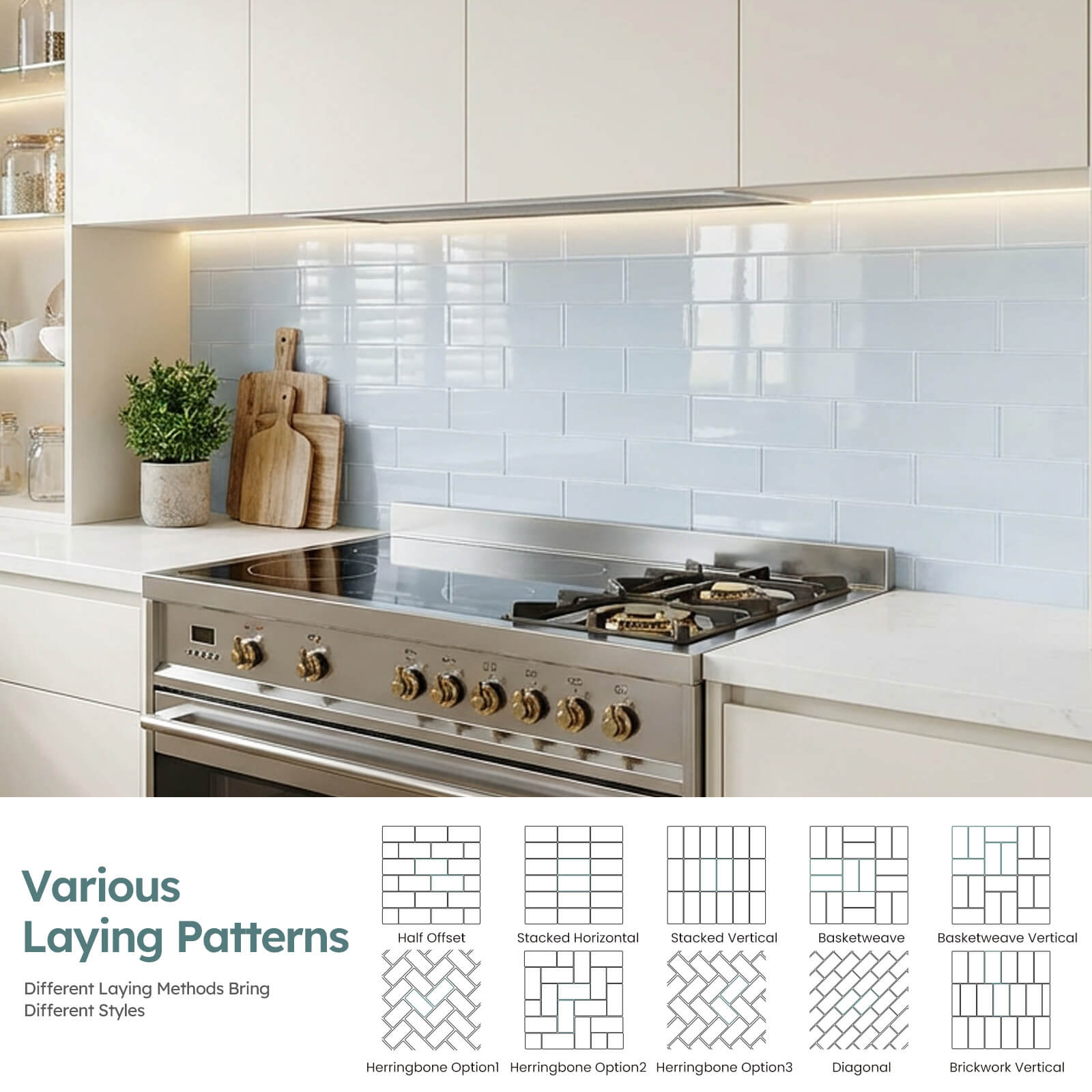 Diflart Peel and Stick Glass Subway Tiles, Light Blue, 3x12 Inch, Glass Backsplash for Kitchen Bathroom Wall Tiles, Pack of 20 Pieces