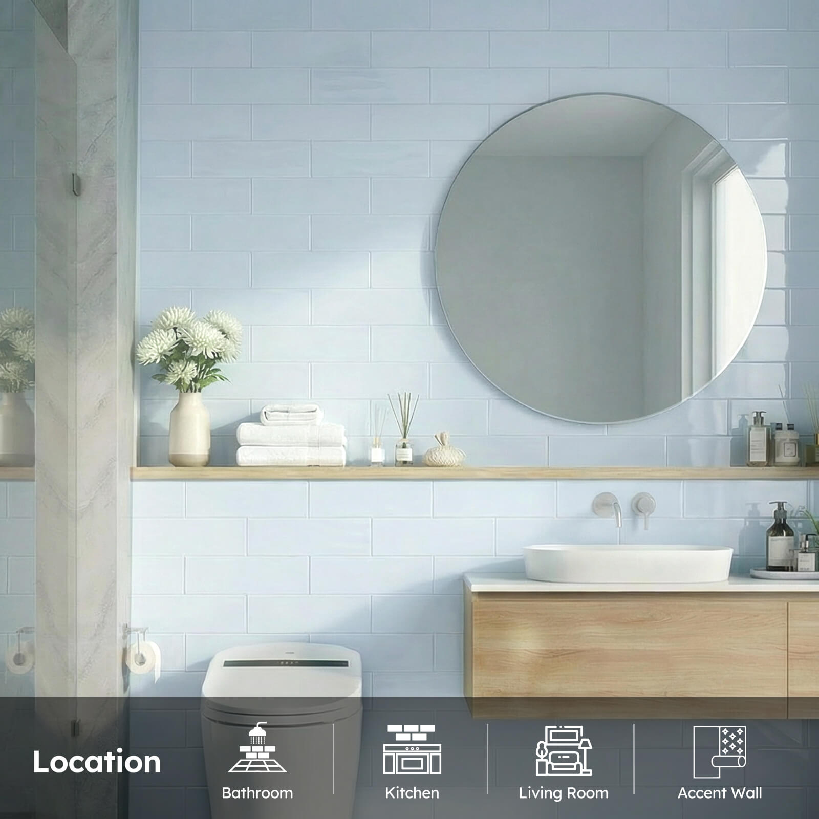 Diflart Peel and Stick Glass Subway Tiles, Light Blue, 3x12 Inch, Glass Backsplash for Kitchen Bathroom Wall Tiles, Pack of 20 Pieces